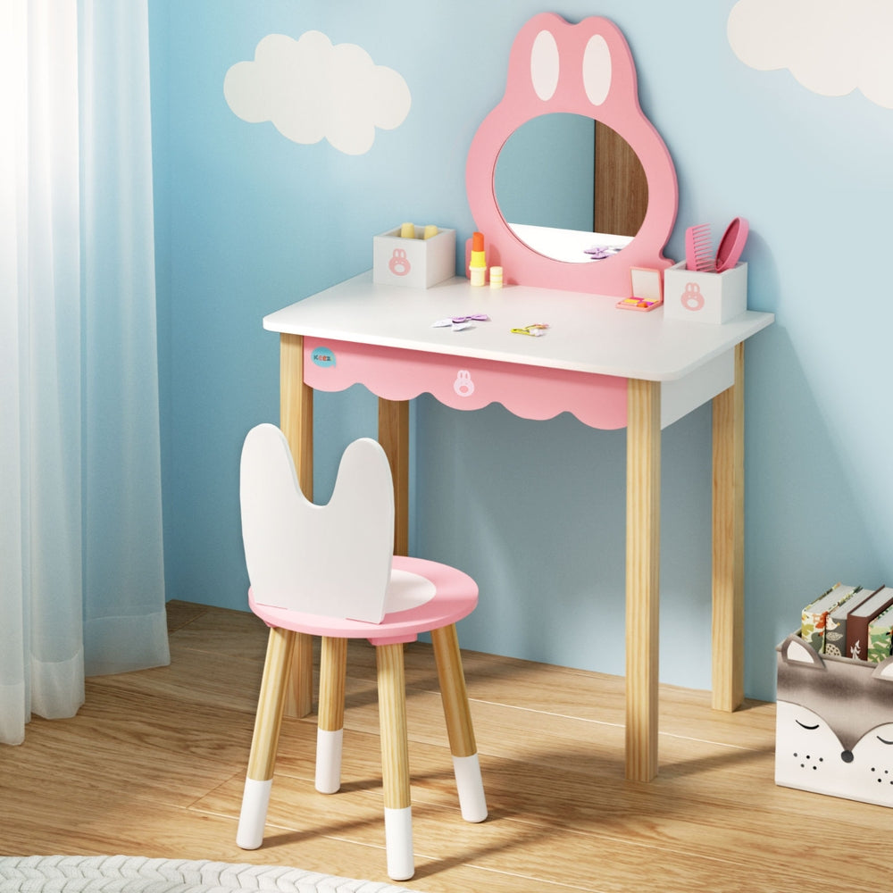 Keezi Kids Wooden Bunny Dressing Table Set - Pink Vanity for Girls Bedroom, Pretend Play & Makeup Dress Up (1 Set) - Perfect for Birthday Gifts, Princess Room Decor & Toddler Imaginative Play