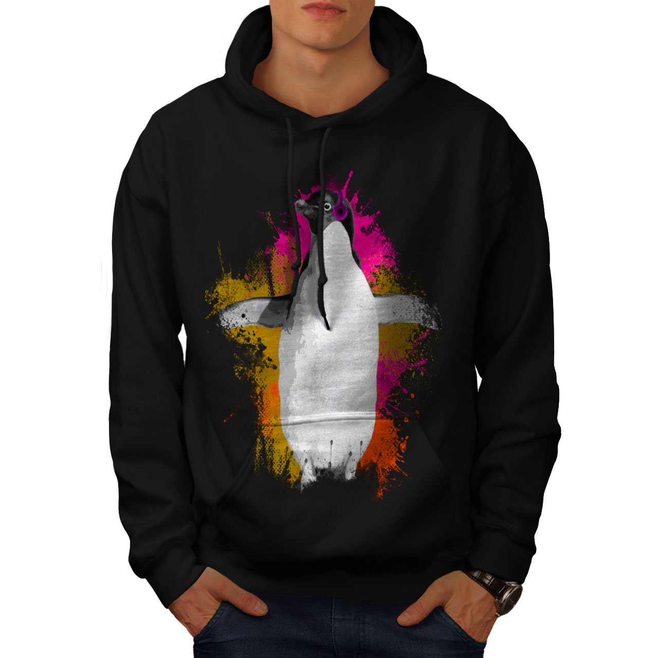 Wellcoda Funny Penguin Music Fan Men's Hoodie - Cozy Pullover Sweatshirt with Hood for Casual Wear & Gifts
