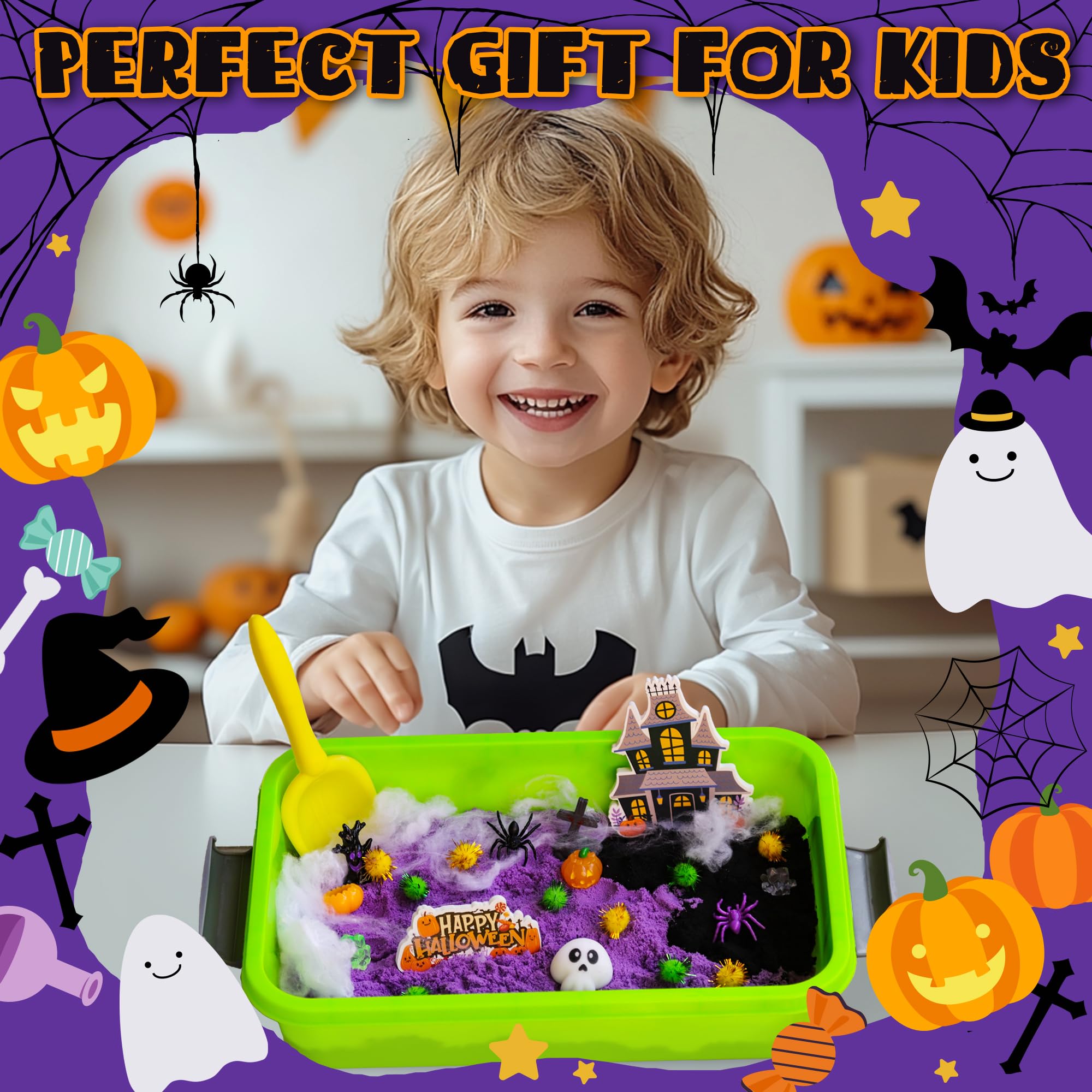 Halloween Sensory Bin for Kids - Halloween Sensory Toys with Play Sand for Toddlers Boys & Girls Ages 3-8 - Halloween Arts & Crafts Kit & Educational Gift for Preschoolers - Perfect for Sensory Play, Halloween Party Favors & Classroom Activities