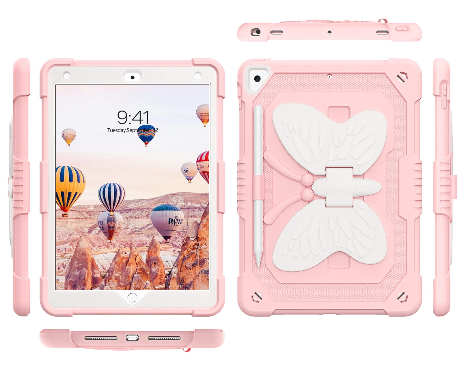 GUAGUA 2 in 1 Shockproof iPad Case with Kickstand - Rugged Protective Cover with Pen Holder for iPad 6/5/Air 2/9.7/Pro 9.7 - Anti-Scratch, Durable Design in Pink/Beige - Perfect for Travel, Work & School Use