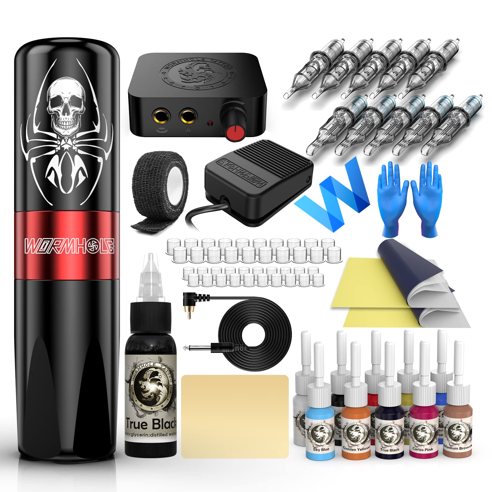 Professional Tattoo Kit for Artists & Beginners - Wormhole Tattoo Gun Machine with 11 Vibrant Inks, 10 Cartridge Needles, Power Supply & Complete Accessories | Perfect for Home Tattooing, Studio Work & Practice Sessions (WTK187)