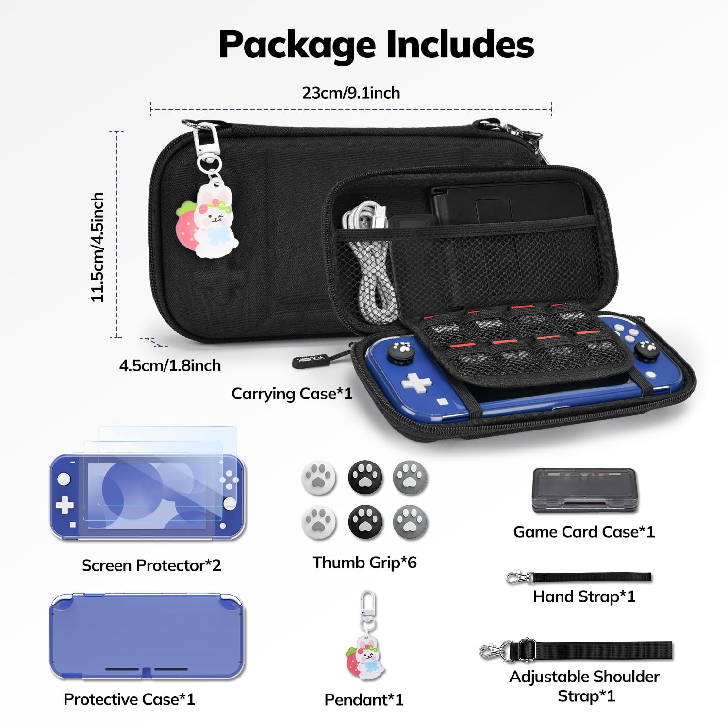 Younik Switch Lite Case - 14-in-1 Accessories Kit with Protective Cover, Game Card Holder, Screen Protectors & Thumb Grips | Portable Carrying Case for Nintendo Switch Lite | Perfect for Travel, Gaming On-The-Go & Storage (Black)