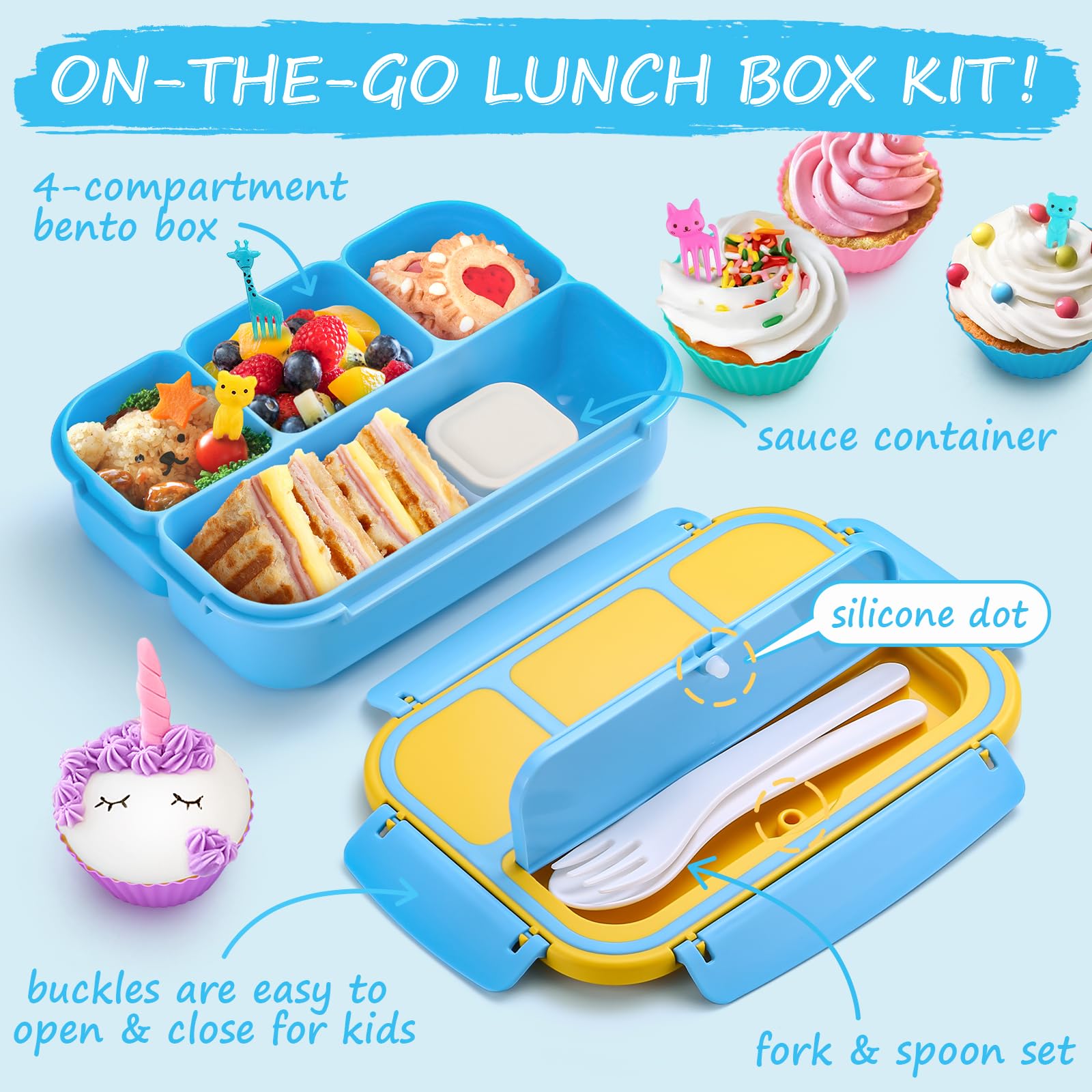 QQKO Insulated Bento Lunch Box Set for Kids - 4-Compartment Dinosaur Themed Lunch Container with Ice Packs, Utensils & Sauce Cup - Perfect for School, Picnics & Travel (Includes Insulated Lunch Bag & Muffin Cups)