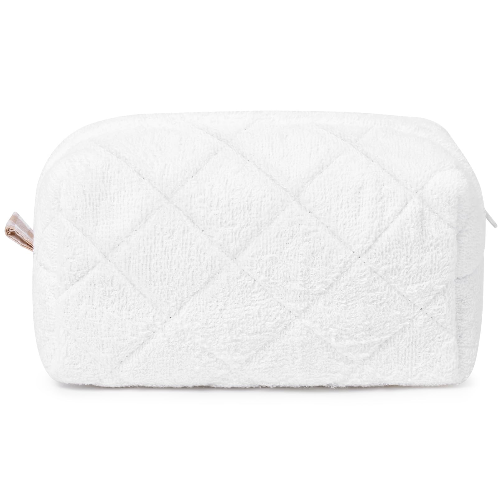 Terry Quilted Cosmetic Bag | Puffy Coquette Makeup Pouch | Aesthetic Cotton White Travel Toiletry Organizer | Makeup Brushes Storage Bag for Women | Perfect for Travel, Gym & Daily Beauty Essentials