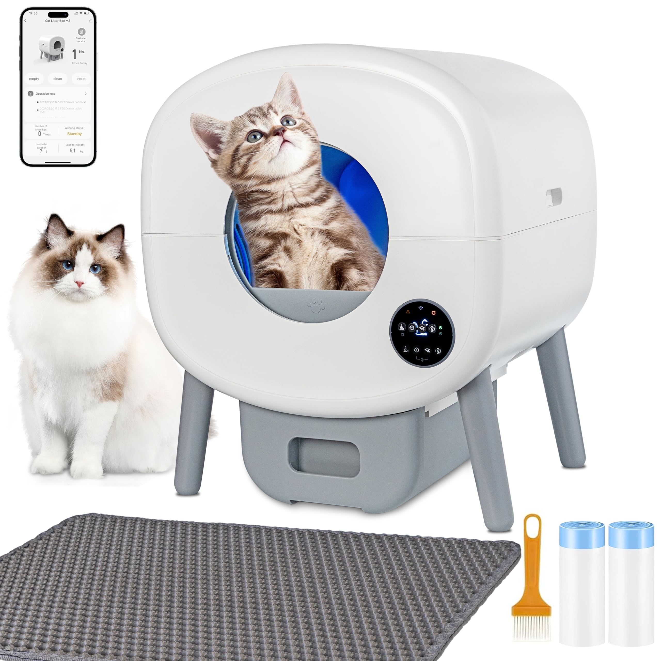 Self Cleaning Cat Litter Box - 100L Automatic Kitty Litter Box for Multiple Cats with Built-in Ambient Light, Double Odor Removal & Safety Protection, App Control - Includes 2 Rolls Liners Bags & Mat - Perfect for Busy Pet Owners & Multi-Cat Households