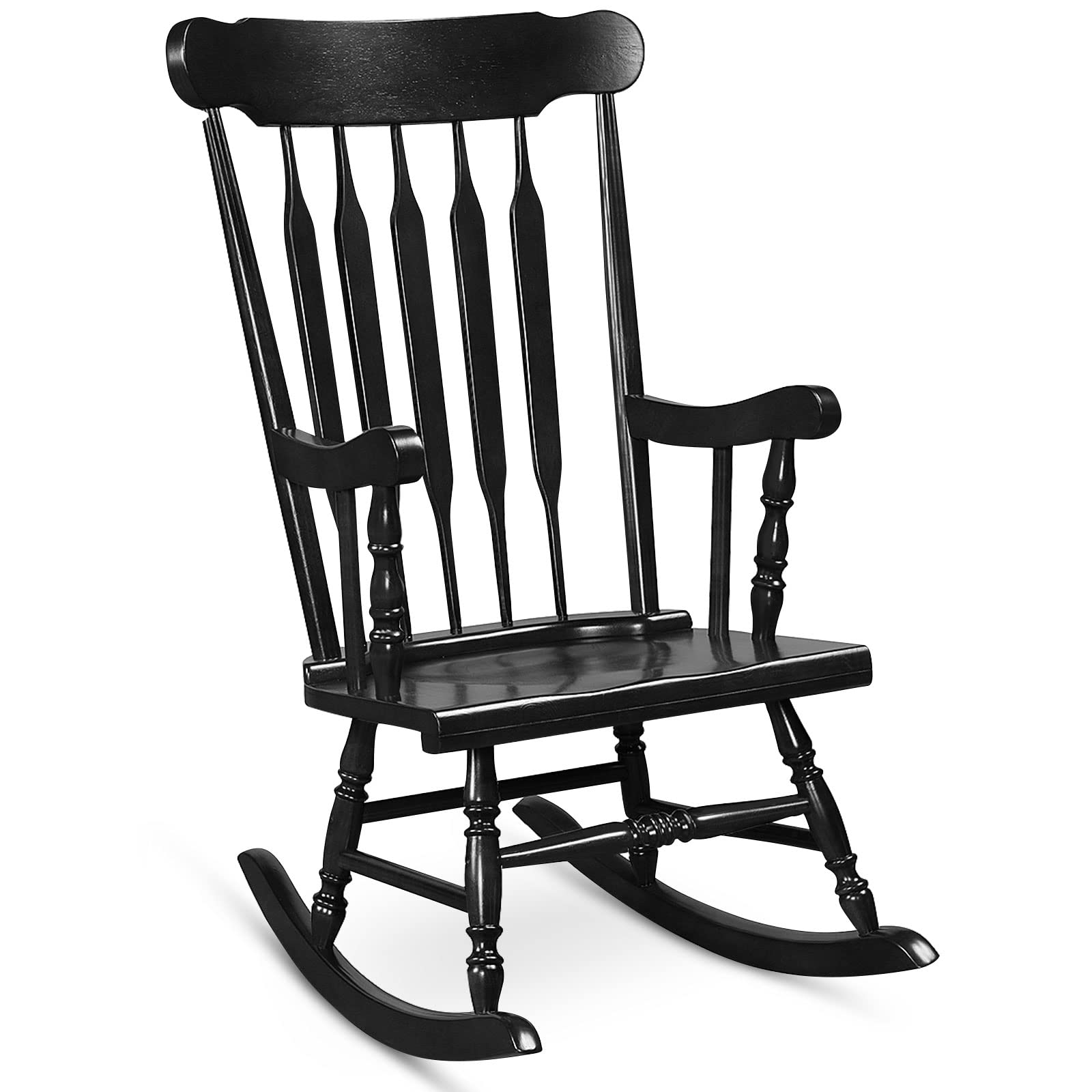 Tangkula Solid Rubber Wood Patio Rocking Chair - Outdoor Porch Rocker with Durable Wood Frame - Indoor/Outdoor Wooden Rocking Chair for Garden, Backyard, Balcony & Living Room (Black) - Perfect for Relaxing, Reading & Enjoying Nature