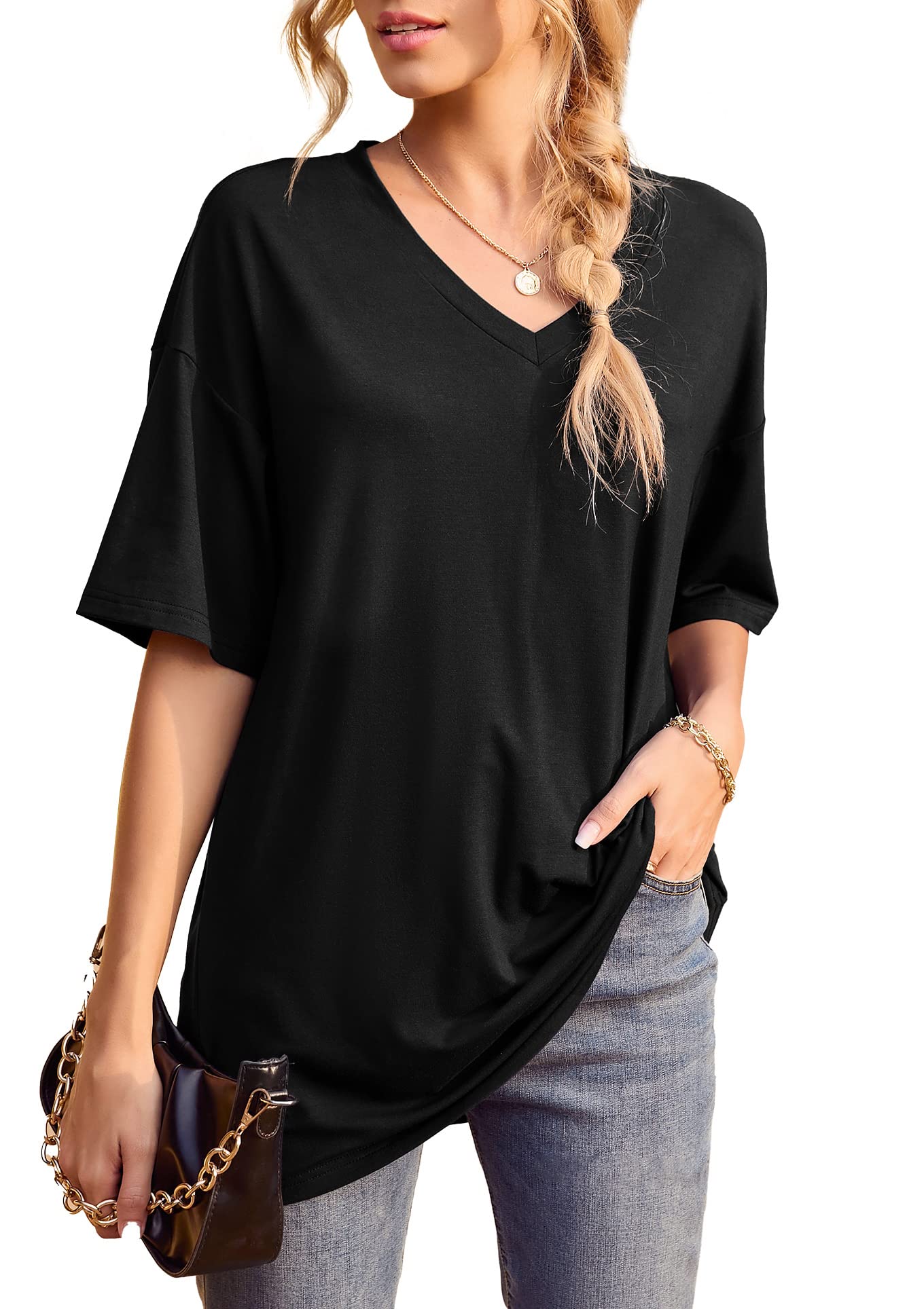 Iandroiy Women's Short Sleeve Dolman V-Neck T-Shirt - Summer Casual Tunic Top for Everyday Wear, Outings & Layering
