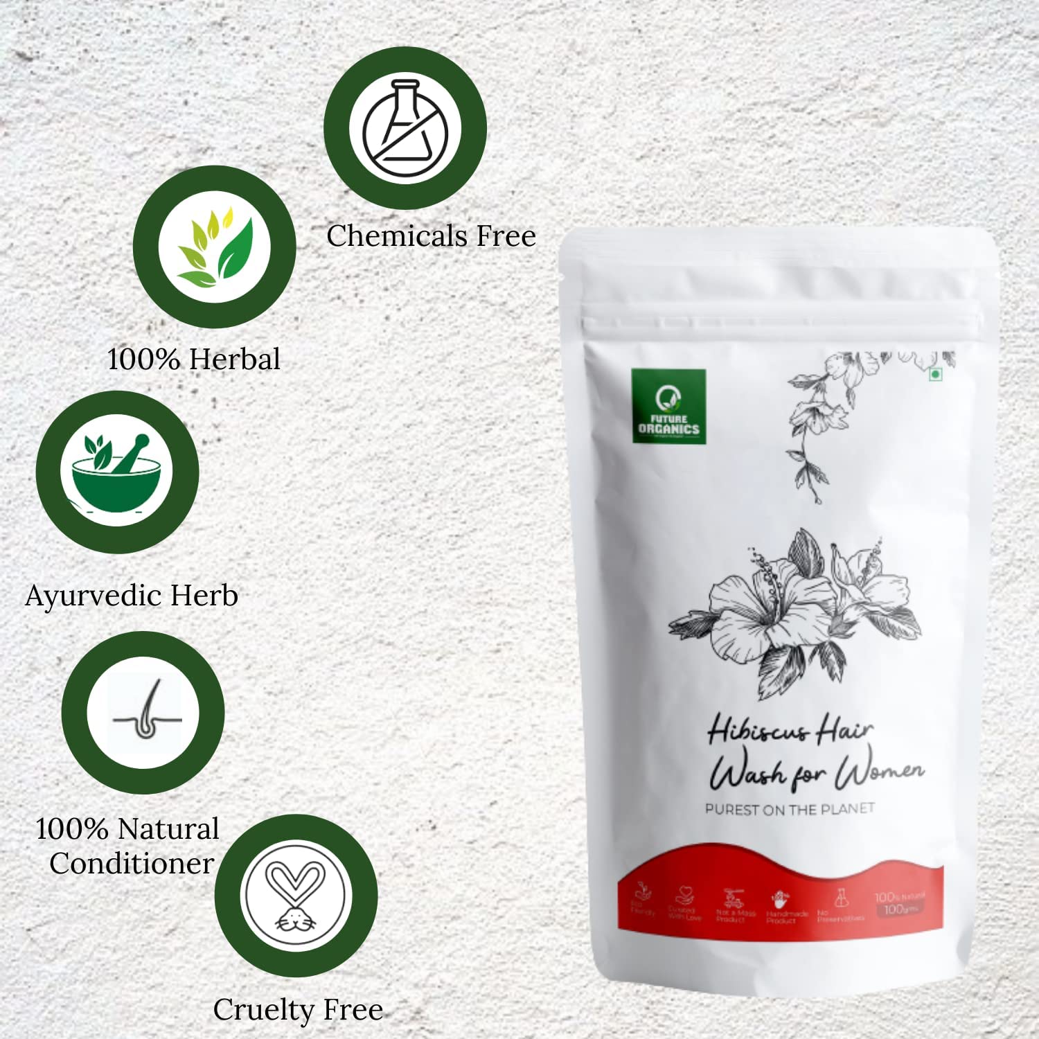 Future Organics Hibiscus Hair Wash Powder for Women - 100g Natural Herbal Shampoo for Hair Growth & Anti-Hair Loss - Sulfate-Free Ayurvedic Treatment for Stronger, Healthier Hair - Ideal for Daily Use & Scalp Care