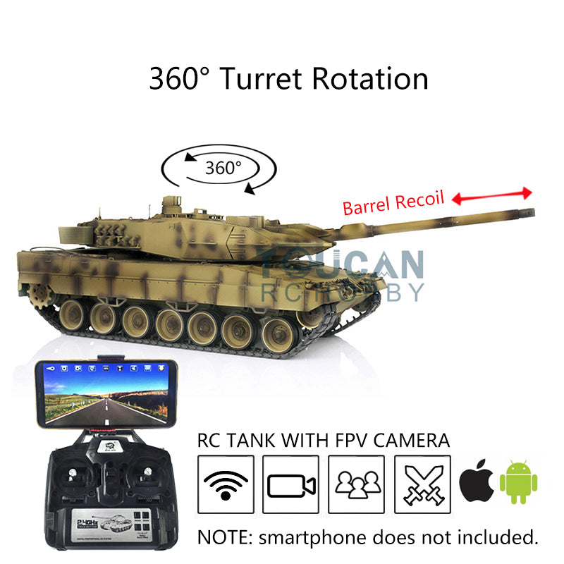 Henglong 1/16 Scale 7.0 Version Customized Leopard 2A6 RC Tank Model 3889 with Metal Tracks, FPV Camera, Barrel Recoil, BB Shooting & 360° Rotating Turret - Remote Control Military Vehicle for Adults & Hobbyists, Outdoor Play & Collectible Display
