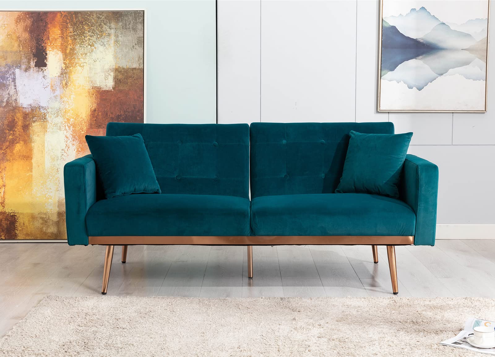 Velvet Futon Sofa Bed - 3 Adjustable Positions, Small Sleeper Sofa Loveseat with 2 Decorative Pillows, Modern Convertible Couch with Metal Tapered Legs (Teal) - Perfect for Small Apartments, Guest Rooms & Home Offices