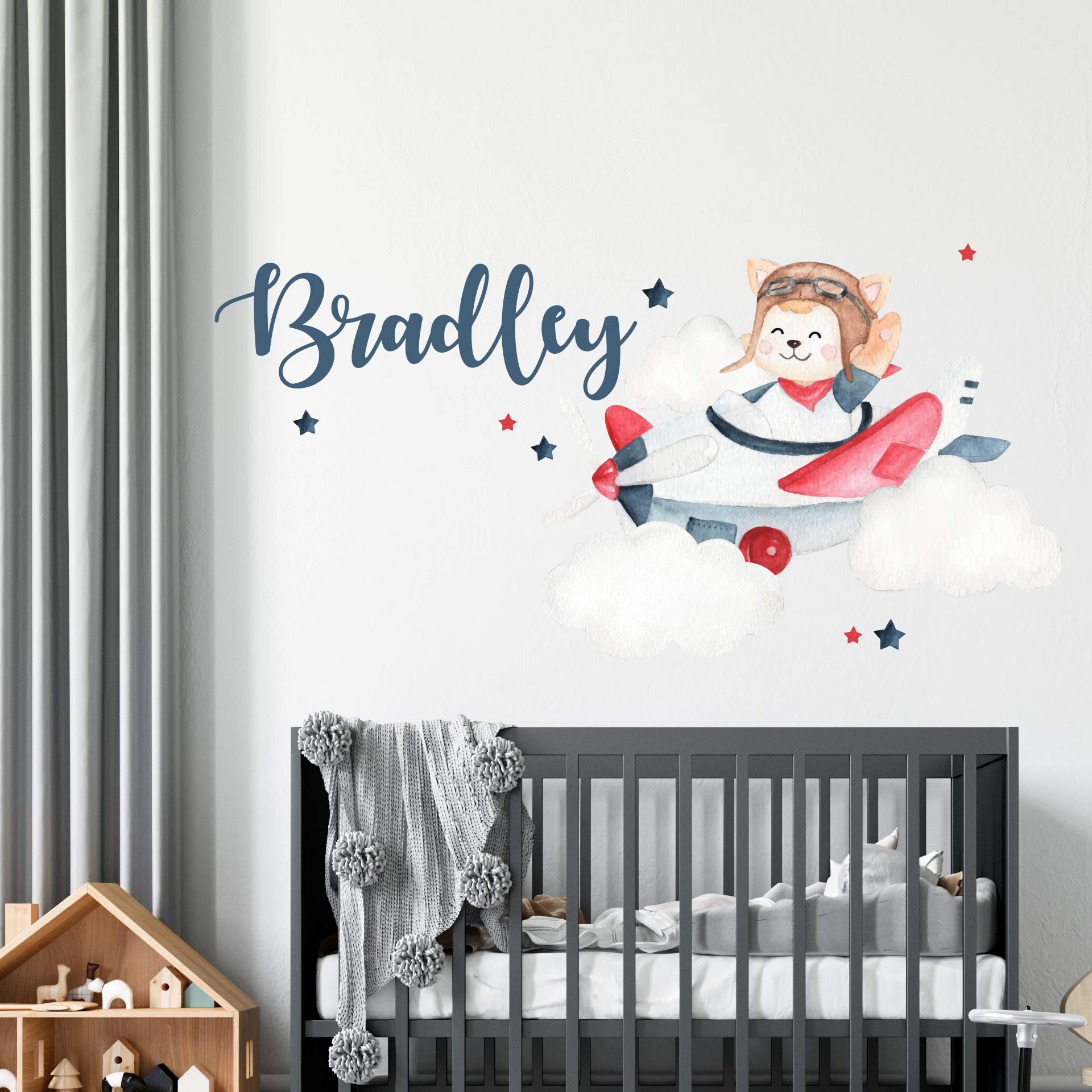 Custom Name Airplane Bear Wall Decal - Removable Nursery Wall Stickers for Baby & Kids Room Decor - Sky Scenery Mural (22
