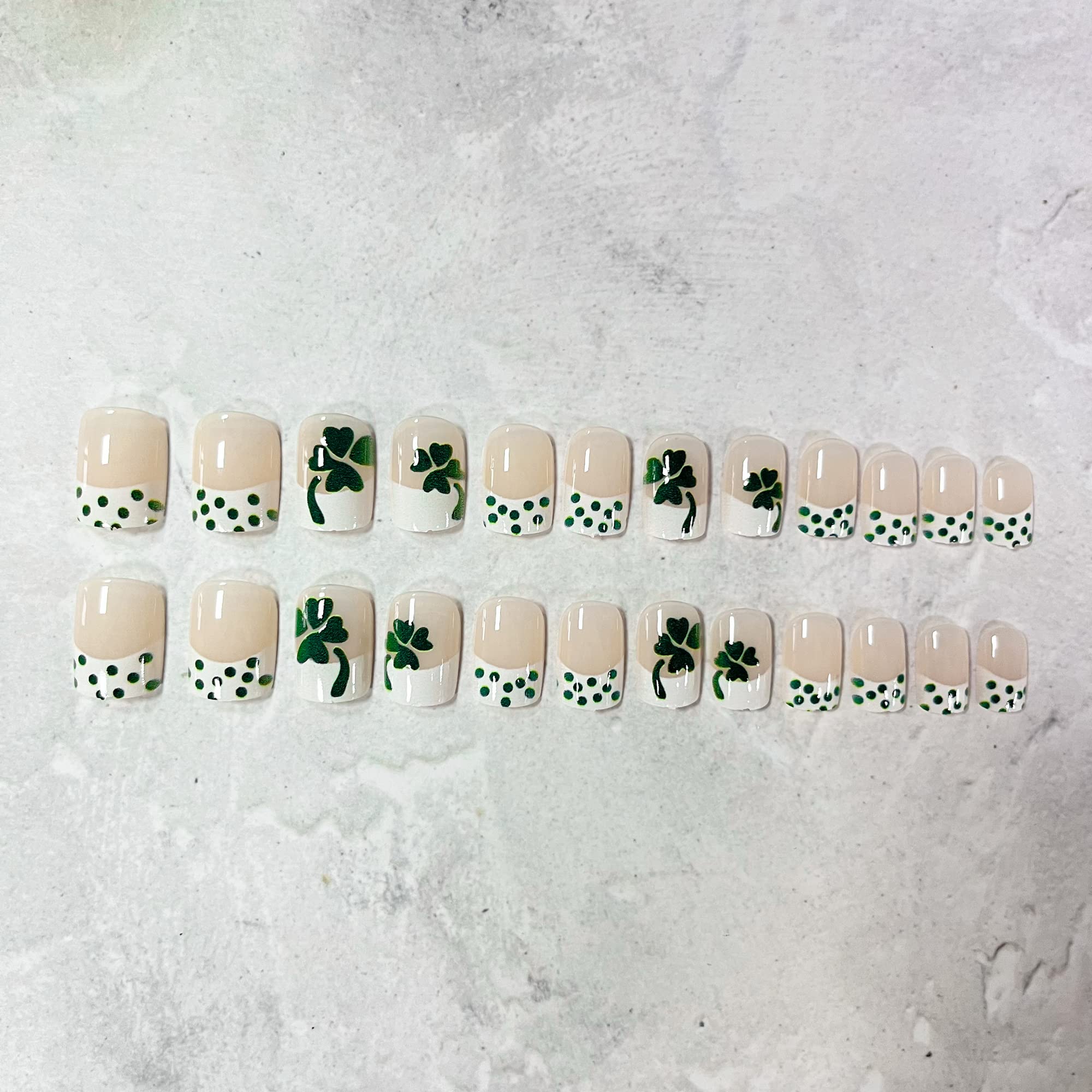 St. Patrick's Day Press on Nails - Short French Tip Fake Nails with Shamrock Designs | Green Acrylic Artificial Nails for Women & Girls | Perfect for St. Patrick's Day Parties, Nail Art Decorations & March 17th Celebrations