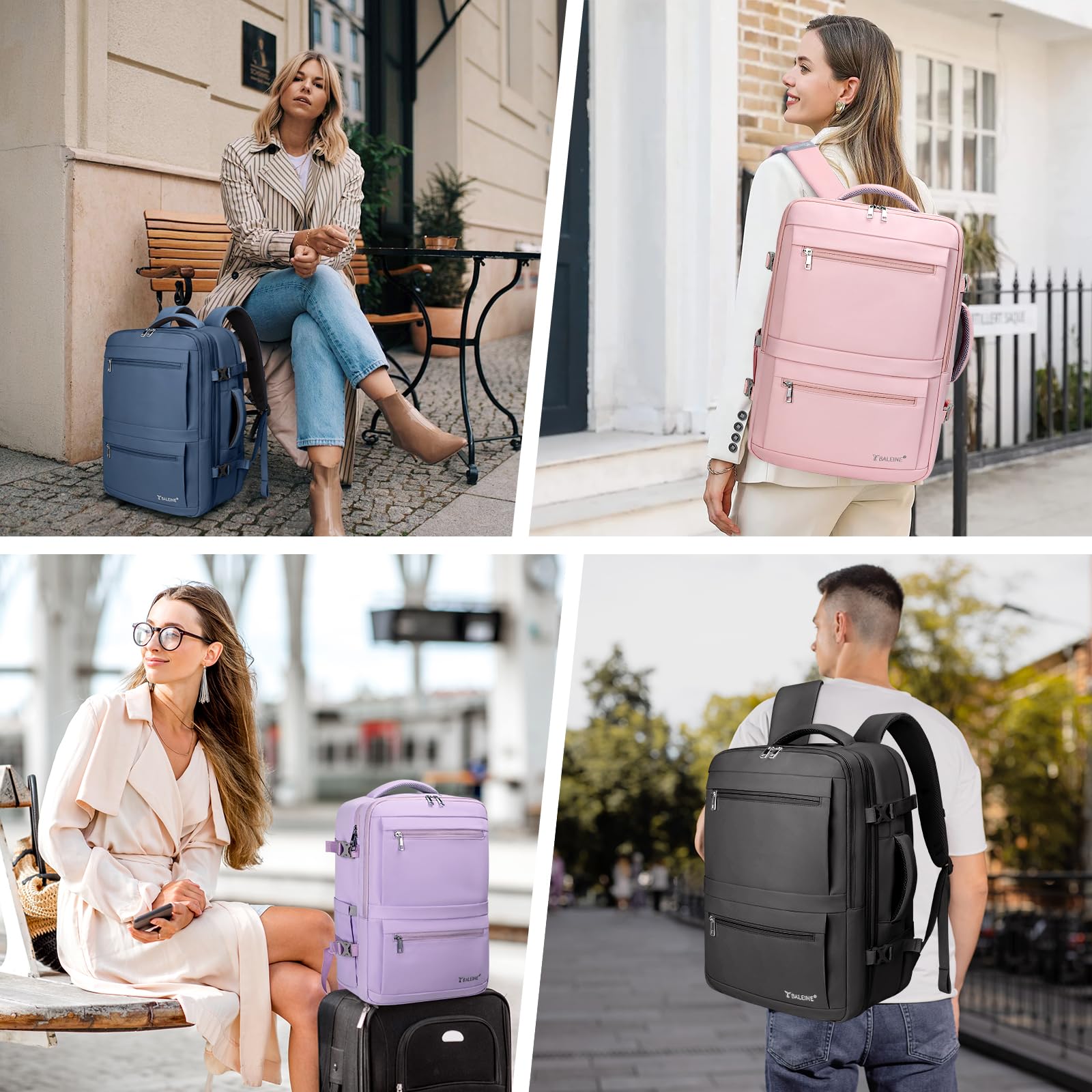 BALEINE Travel Backpack for Women & Men - Waterproof Large Carry On Laptop Backpack with USB Charging Port - Perfect for Business Travel, Weekend Getaways, Hiking & College (Large, Pink)