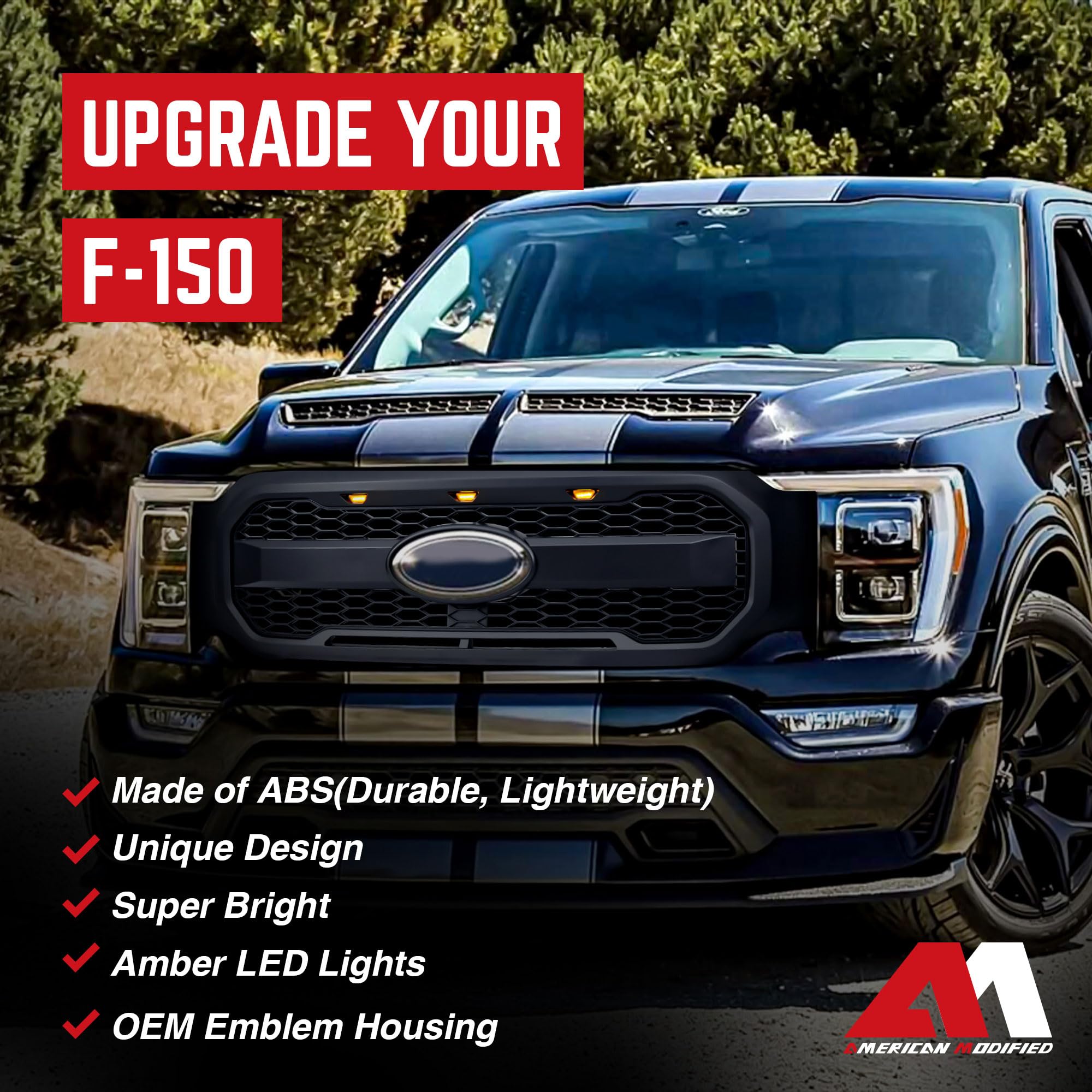Raptor Style Mesh Grill with Amber LED Lights & Emblem Base for 2021-2023 Ford F150 | Matte Black Front Bumper Grille | Off-Road & Street Customization Upgrade