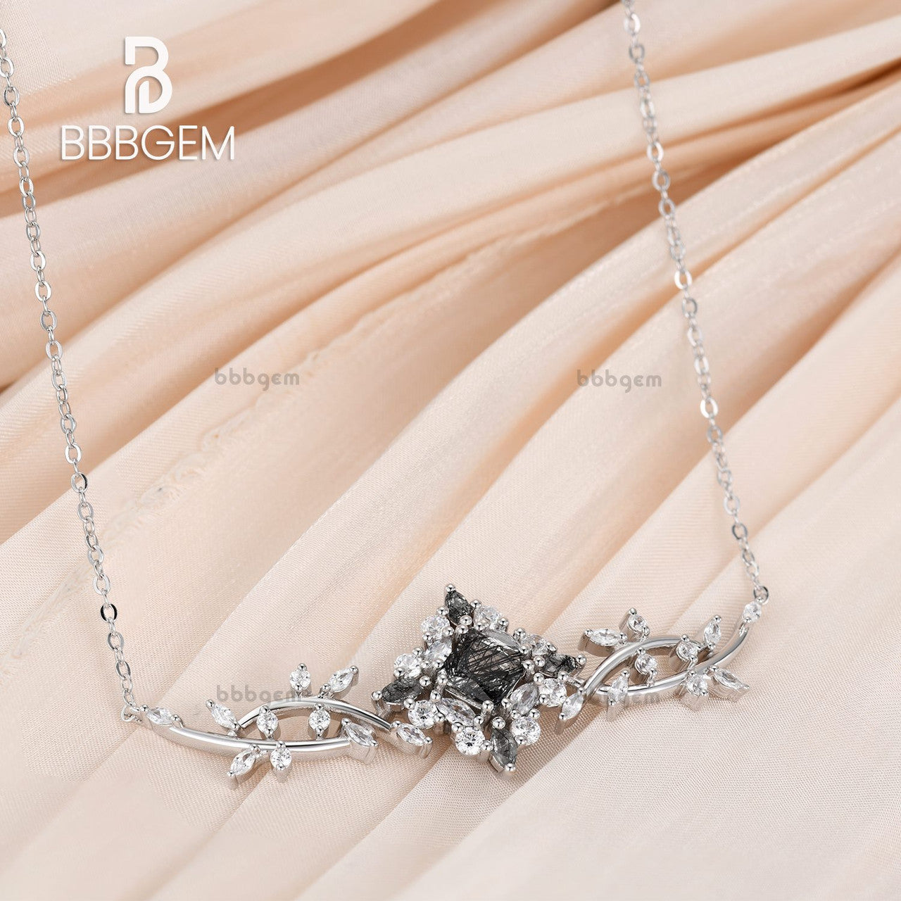 14K Gold Black Rutilated Quartz Moissanite Princess Necklace for Women - Elegant Filigree Art Jewelry Gift for Anniversary, Birthday & Special Occasions