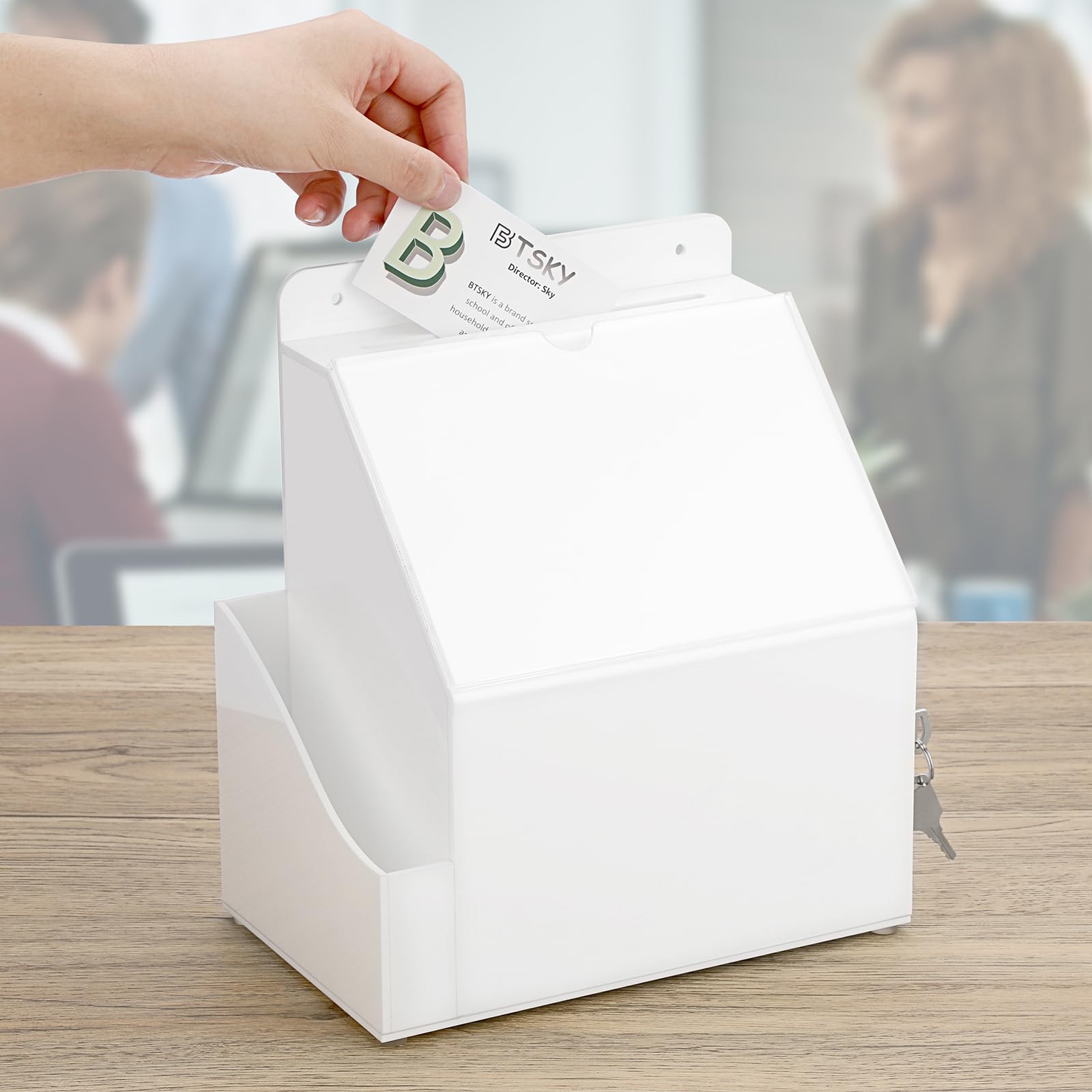 BTSKY Locking Acrylic Suggestion Box - Wall Mounted Donation Box with 5x7 Inch Sign Slot, Secure Office Ballot Box & Locking Mailbox with Side Pocket (White) - Perfect for Offices, Schools, Restaurants & Public Spaces