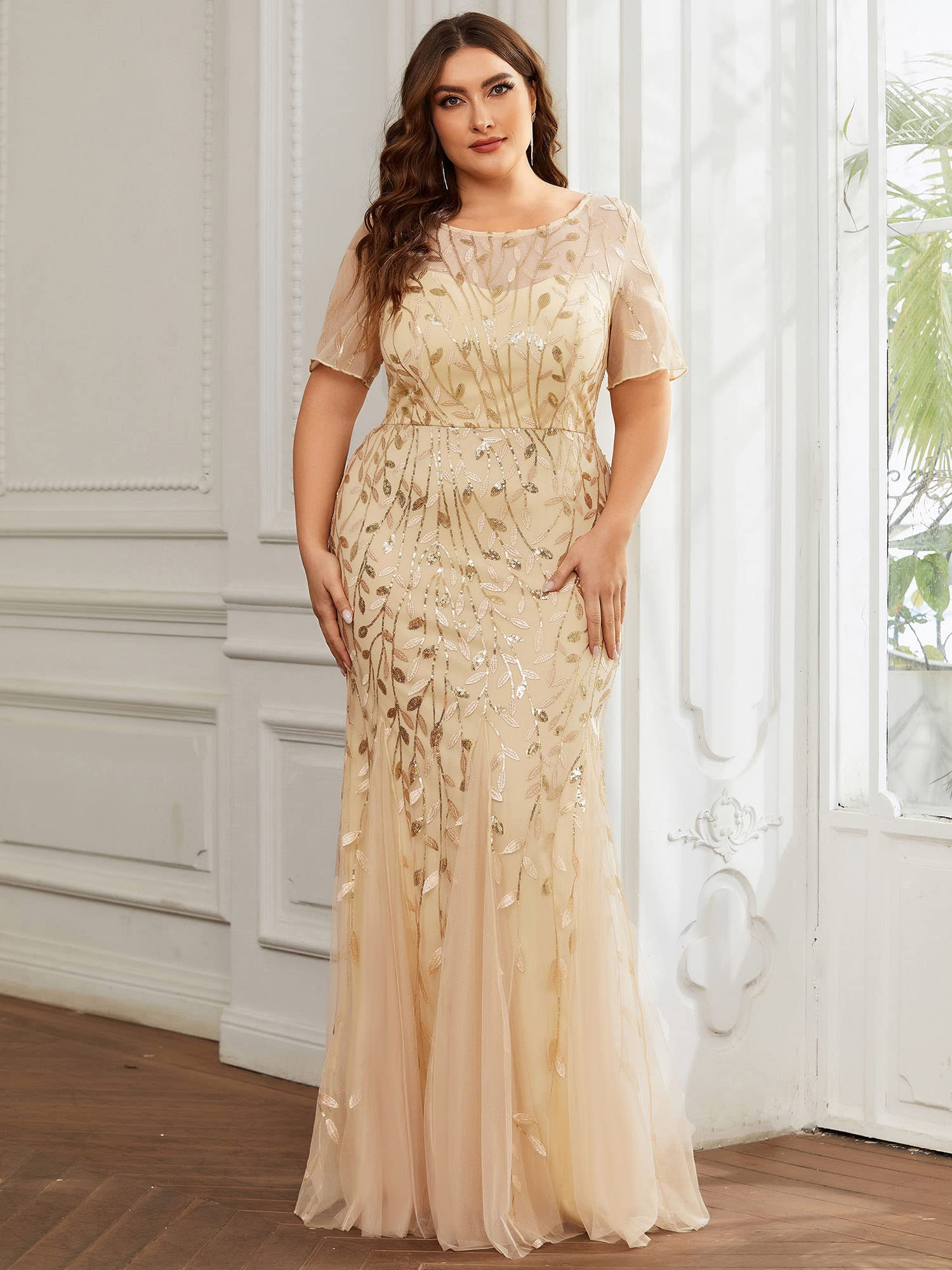 Ever-Pretty Women's Plus Size Formal Dress with Embroidery & Sequin Details - Short Sleeve Bodycon Maxi Gown 07707-PZUSA | Perfect for Weddings, Prom, Evening Parties & Special Occasions