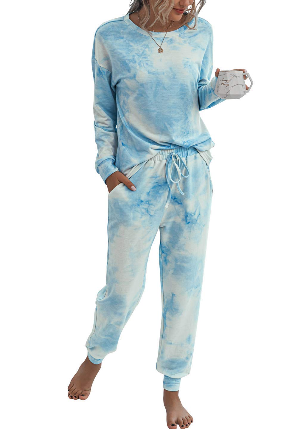 TSMNZMU Women's Pajama Sets - Tie Dye 2-Piece Sleepwear with Long Sleeve Pullover Top & Pants with Pockets | Soft Lounge Wear for Home, Travel & Relaxation