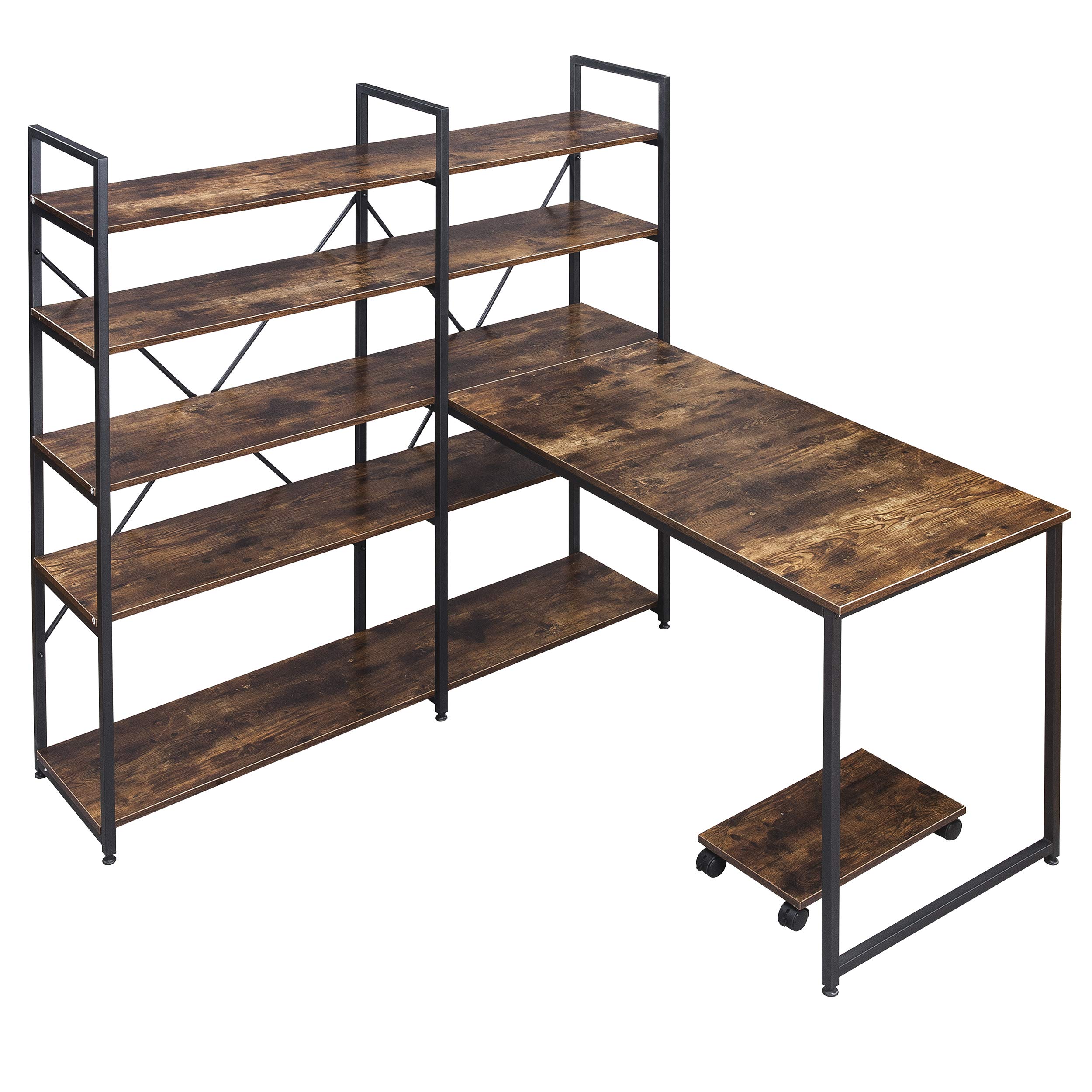 Industrial L-Shaped Computer Desk with 5-Tier Bookshelf - Sturdy Metal Frame & MDF Top - Spacious Workstation for Home Office, Gaming Setup or Dorm Room - Perfect for Remote Work, Online Classes & Small Spaces