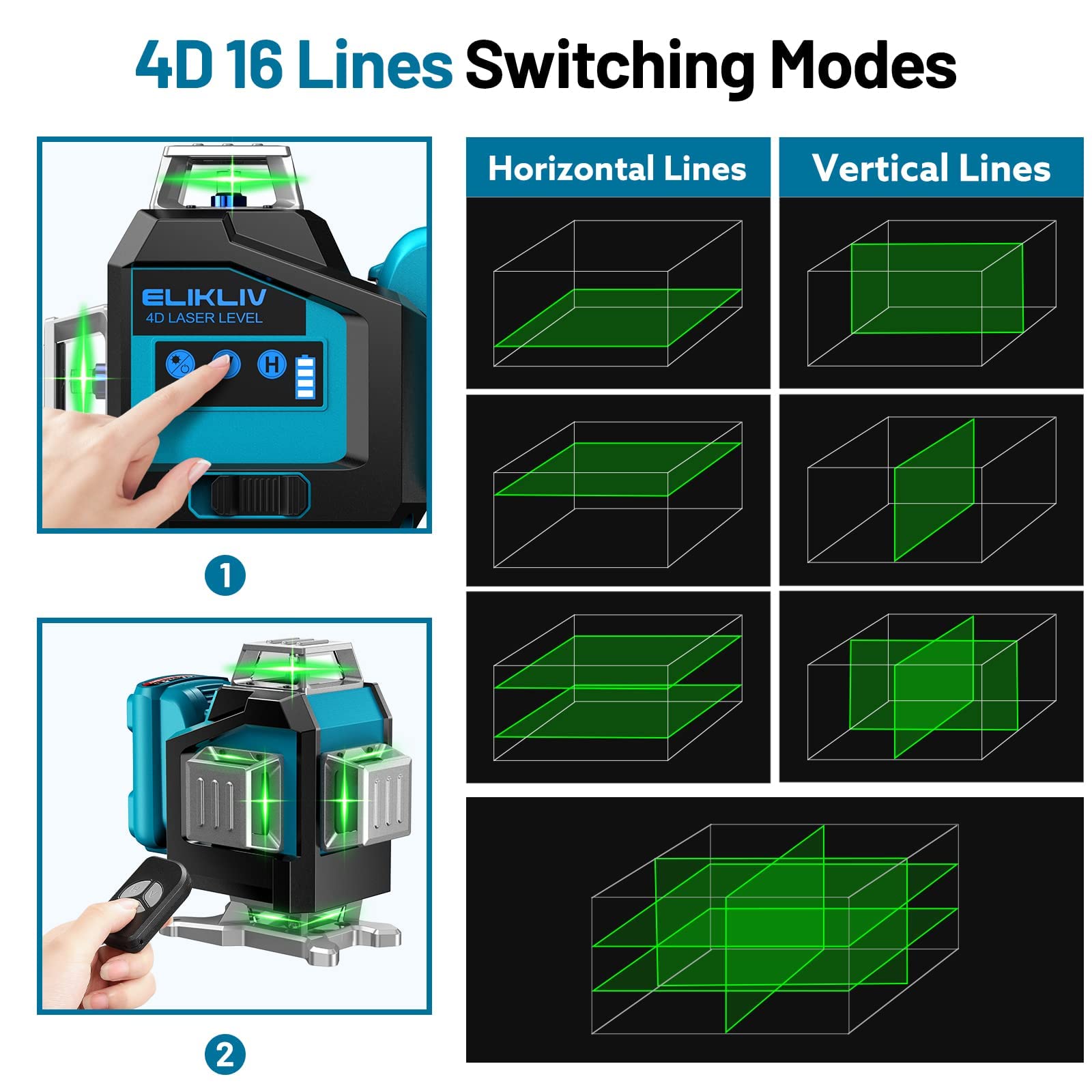 Elikliv 360 Self-Leveling Green Laser Level - 200Ft Range, 4x360° Cross Line, Rechargeable Battery (16Hrs) for Construction, Picture Hanging & DIY Projects - Perfect for Wall Alignment, Tile Installation & Home Renovation