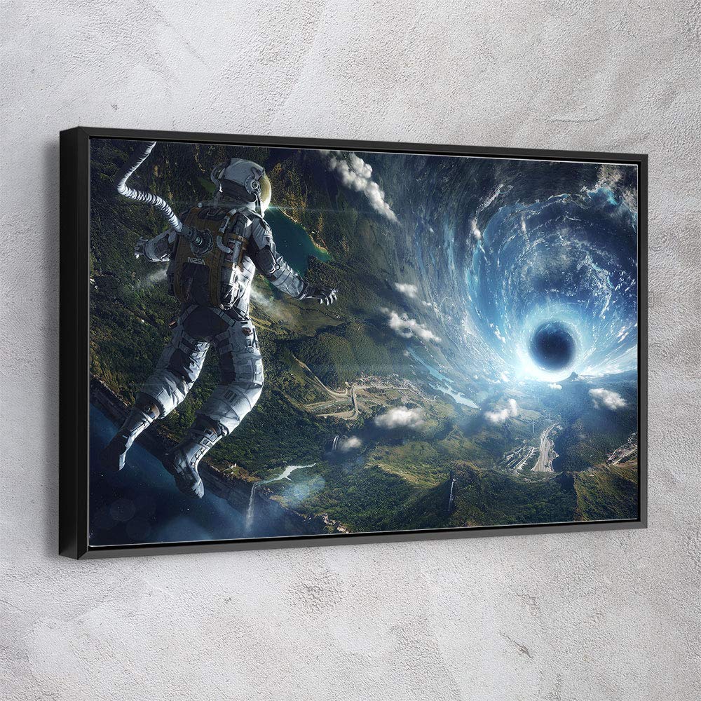 NASA Space Planets Astronomy Solar System Canvas Wall Art - 45x30 Inch Modern Black Framed Print with Astronaut | Office & Home Decor | Ready to Hang | Made in USA | Perfect for Living Room, Bedroom or Study Space