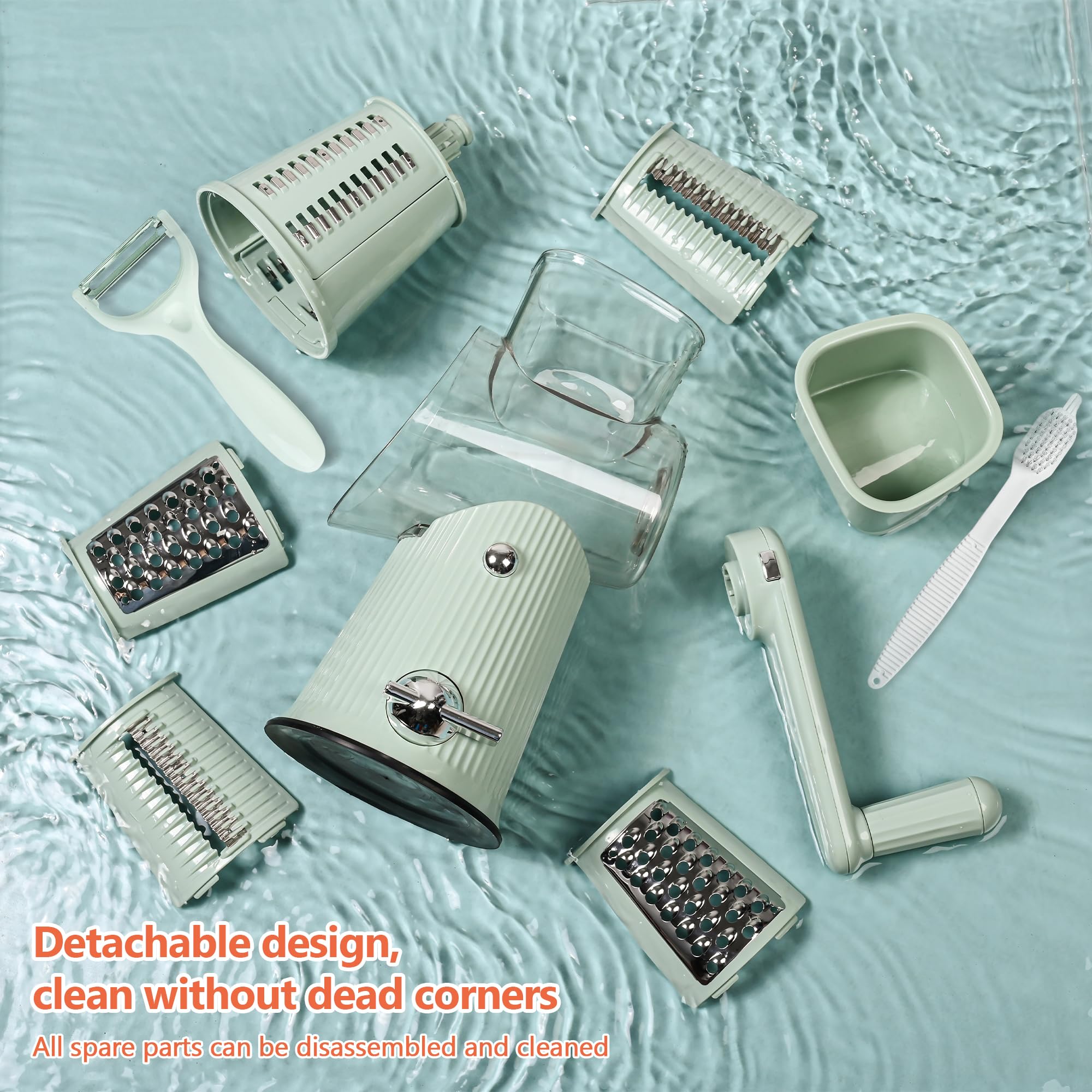 5-Blade Hand Crank Cheese Grater & Vegetable Slicer - Ergonomic Kitchen Countertop Shredder with Clean Brush for Cheese, Nuts & Matcha (Green) - Perfect for Meal Prep, Pizza Topping & Baking Accessories