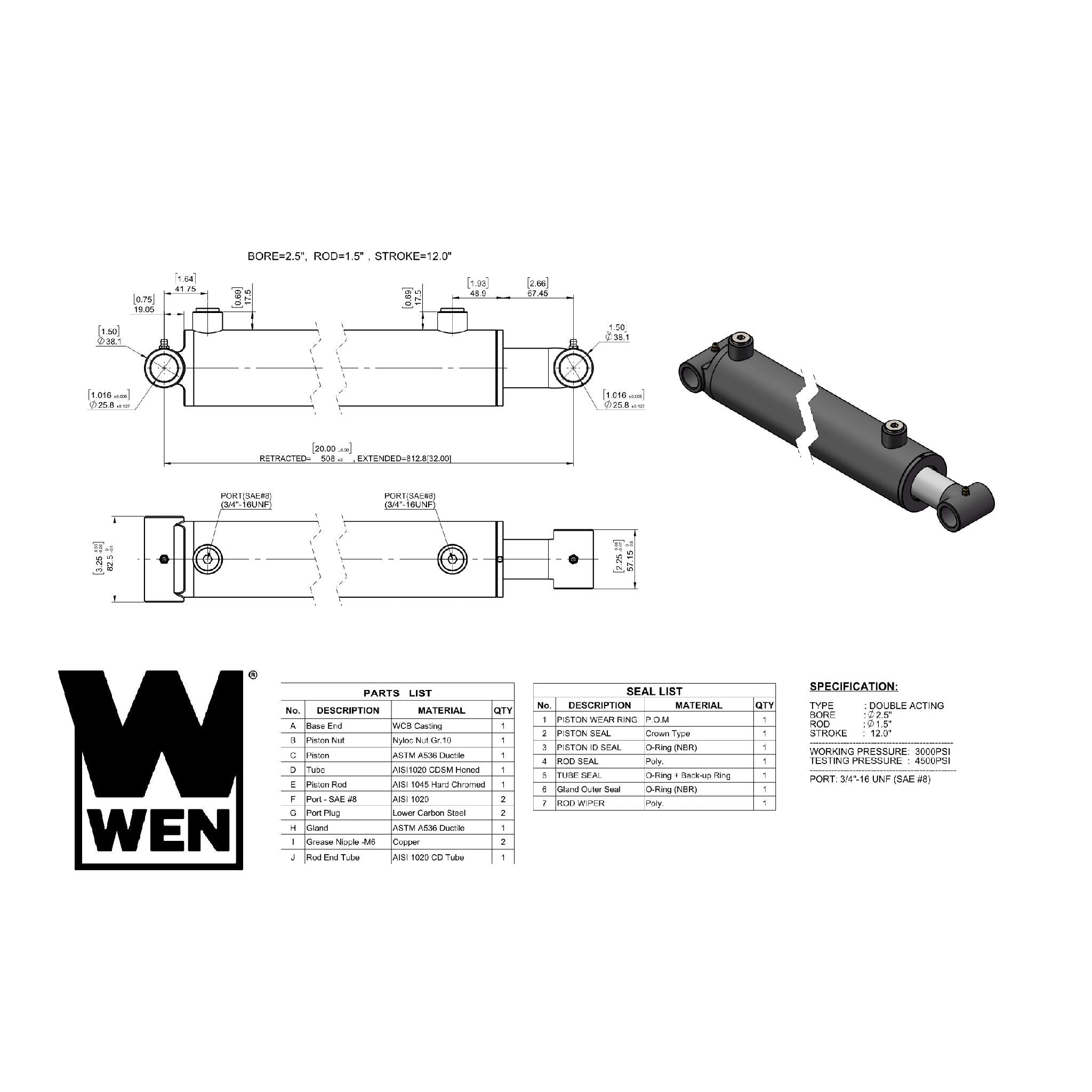 WEN WT2512 Hydraulic Cylinder - 2.5 Inch Bore, 12 Inch Stroke for Heavy-Duty Industrial Equipment and Machinery