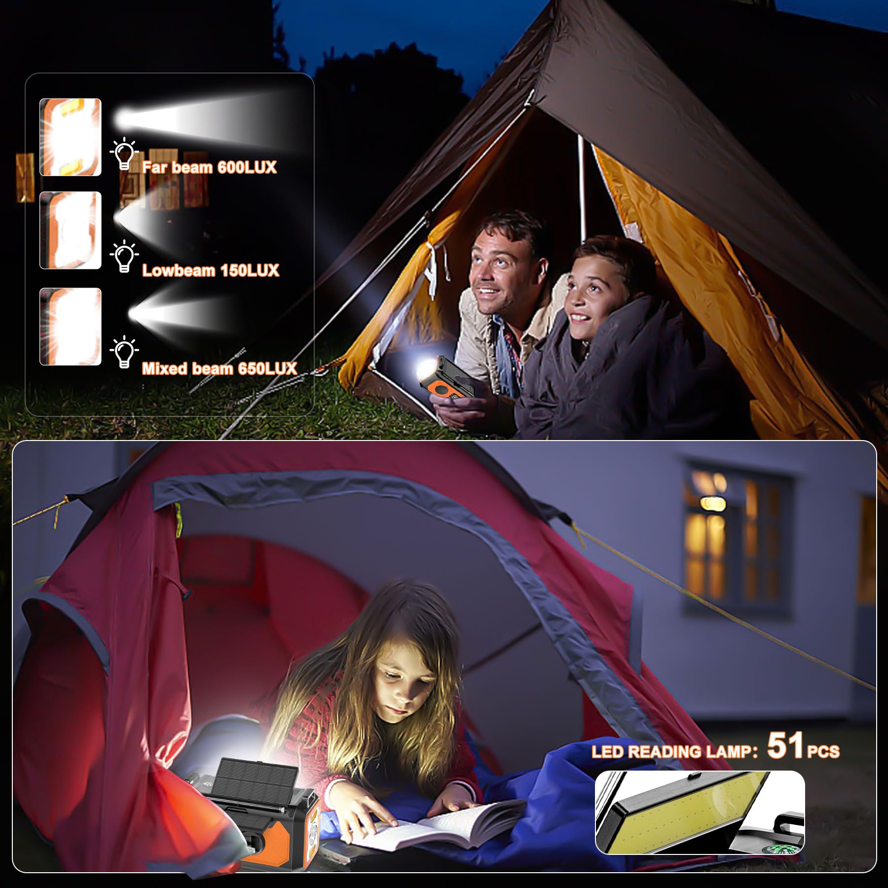 12000mAh Solar Hand Crank Emergency Radio with AM/FM/NOAA Weather Alert, USB Type-C Charging, LED Flashlight & Reading Lamp, SOS Alarm, Compass - Perfect for Outdoor Camping, Hiking and Emergency Preparedness (Orange)
