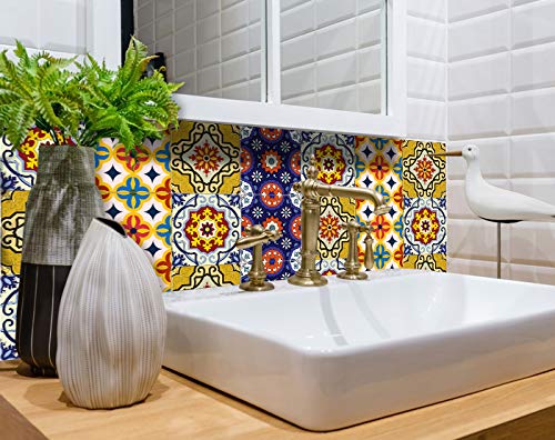 Mi Alma 24-Piece Talavera Tile Stickers - 8x8 Inch Peel and Stick Wall Decals for Easy Application | Perfect for Bathroom & Kitchen Tile Decor, Spanish Style Home Renovation