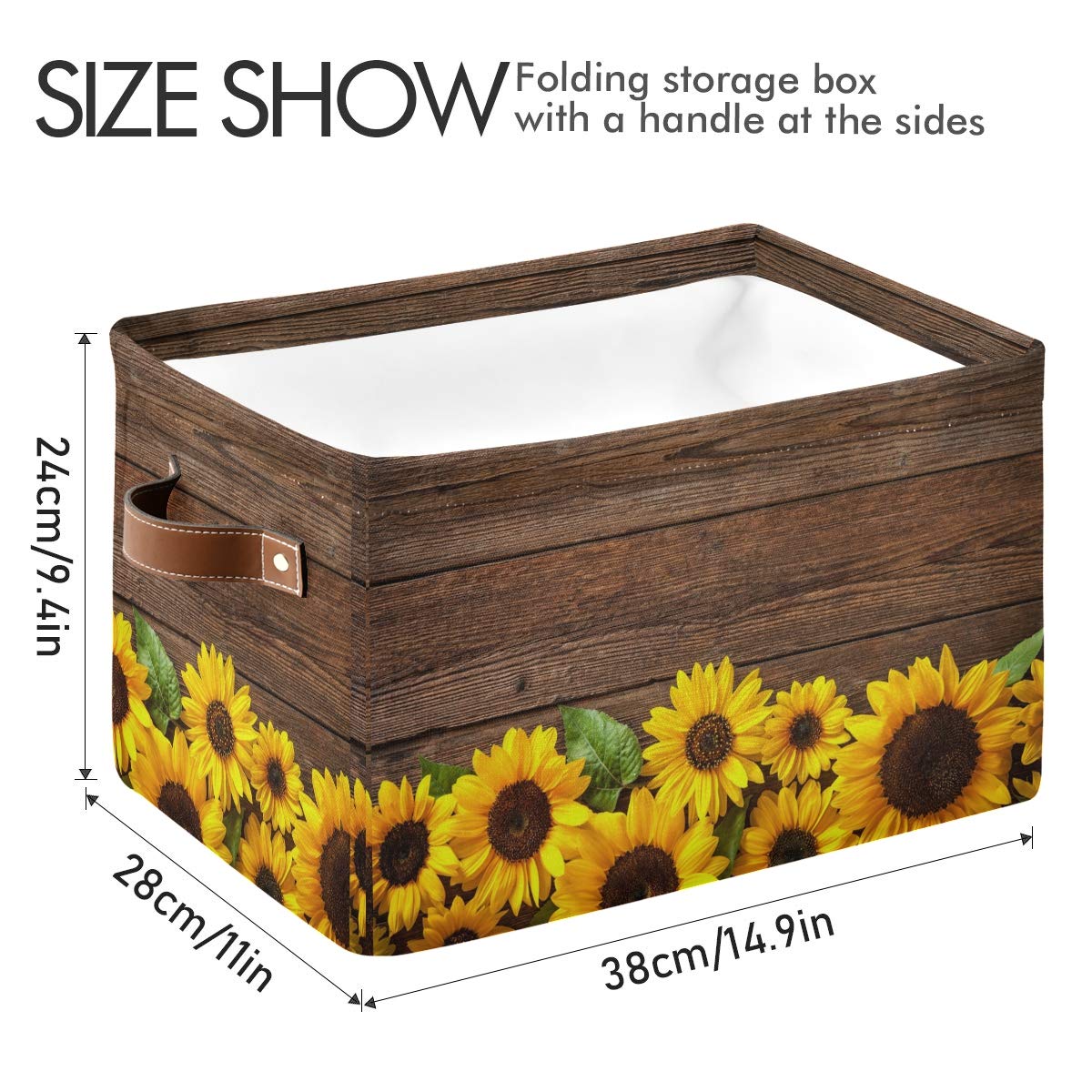 Floral Sunflower Collapsible Storage Basket with PU Leather Handles - Foldable Fabric Bin for Toys, Wardrobe & Closet Organization - Perfect for Nursery, Playroom & Home Decor Storage Solutions