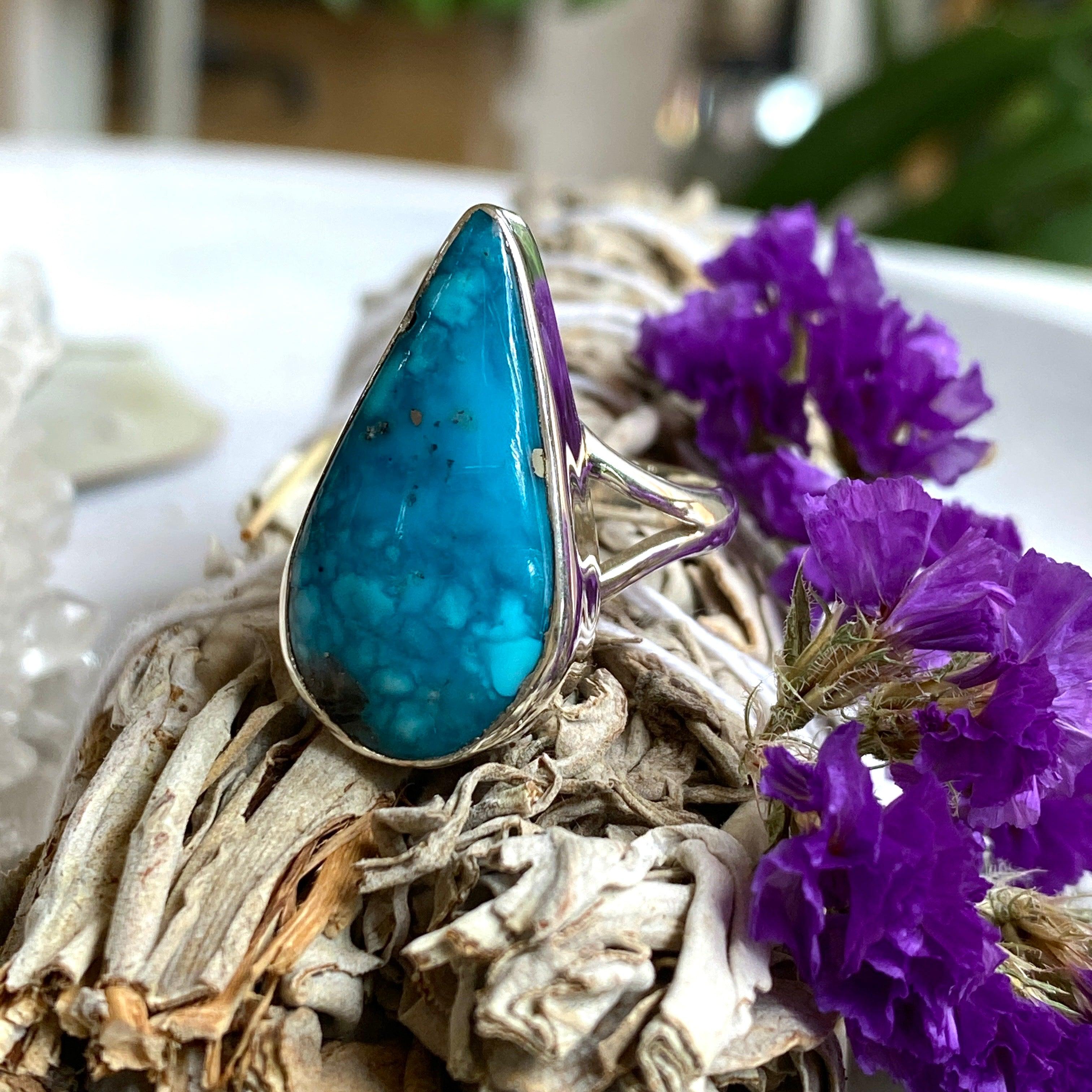 Iranian Turquoise Teardrop Ring - Size 9 - KRGJ2542 - Elegant Handmade Jewelry for Women, Perfect for Weddings, Parties & Special Occasions
