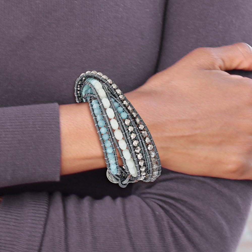 Aquamarine Blue Quartz Crystal Leather Multi-Wrap Bracelet for Women - Elegant Fine Jewelry Gift for Her, 34 Inch - Perfect for Weddings, Parties & Everyday Wear