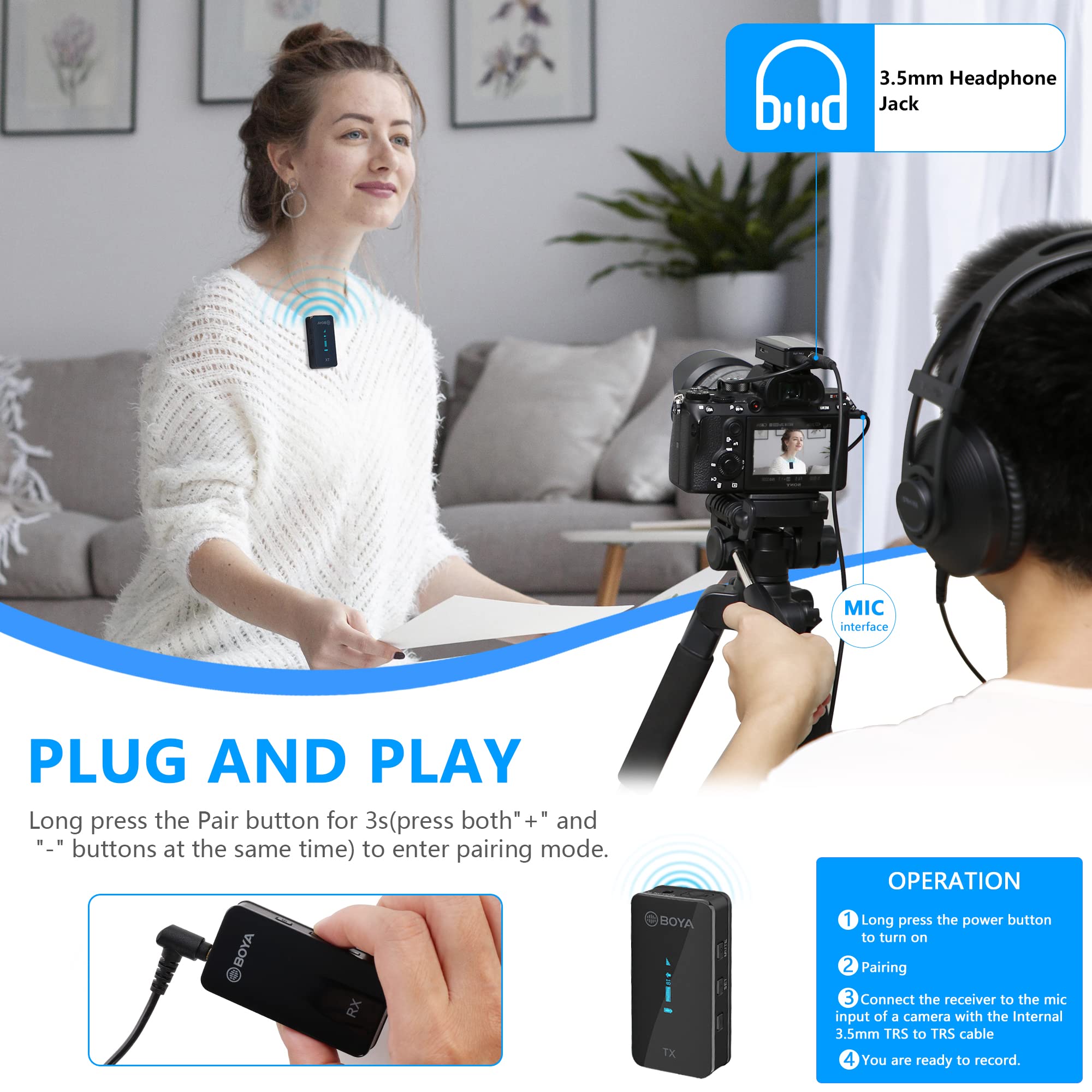 BOYA BY-XM6 K1 2.4G Wireless Lavalier Microphone - Compact Rechargeable Lapel Mic for iPhone, iPad, Android, Camera - 7-Hour Battery, 328ft Range, LED Display - Perfect for Vlogging, Interviews, Live Streaming & Podcasting