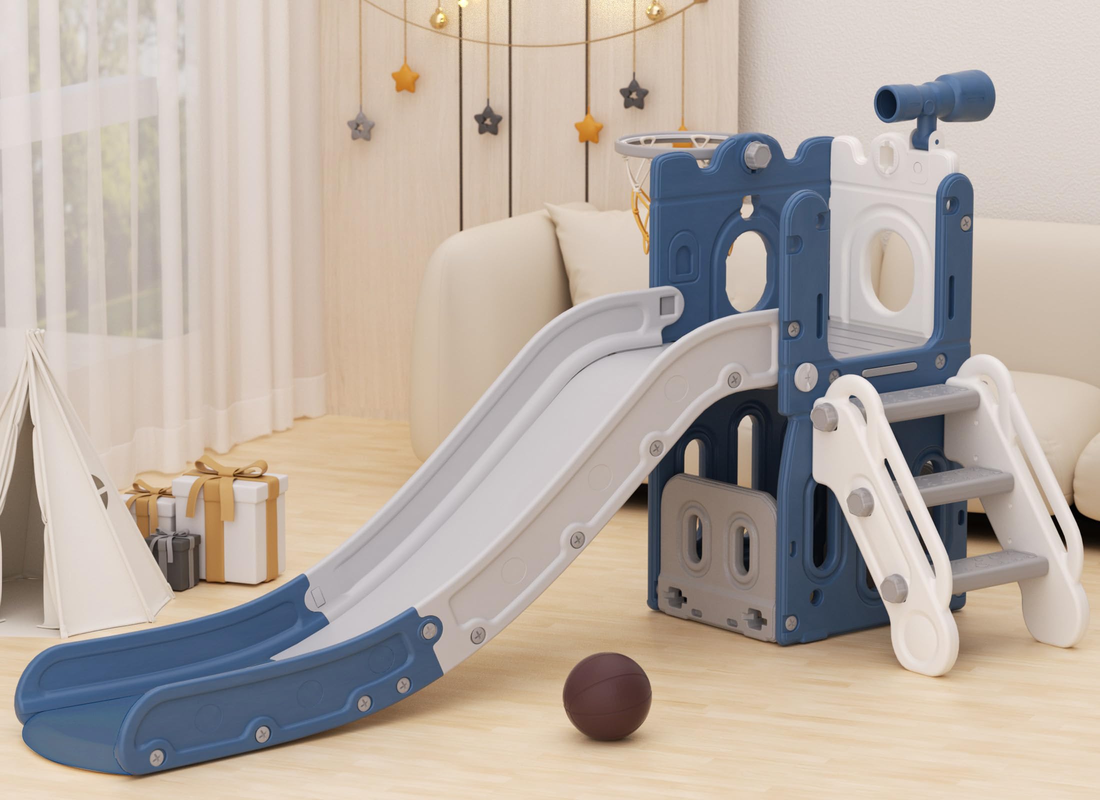 XJD 5-in-1 Toddler Slide for Kids Ages 1-3 | Indoor & Outdoor Playset with Basketball Hoop, Storage Space, Non-Slip Steps & Telescope | Perfect for Backyard, Playroom & Preschool Activities (Blue)