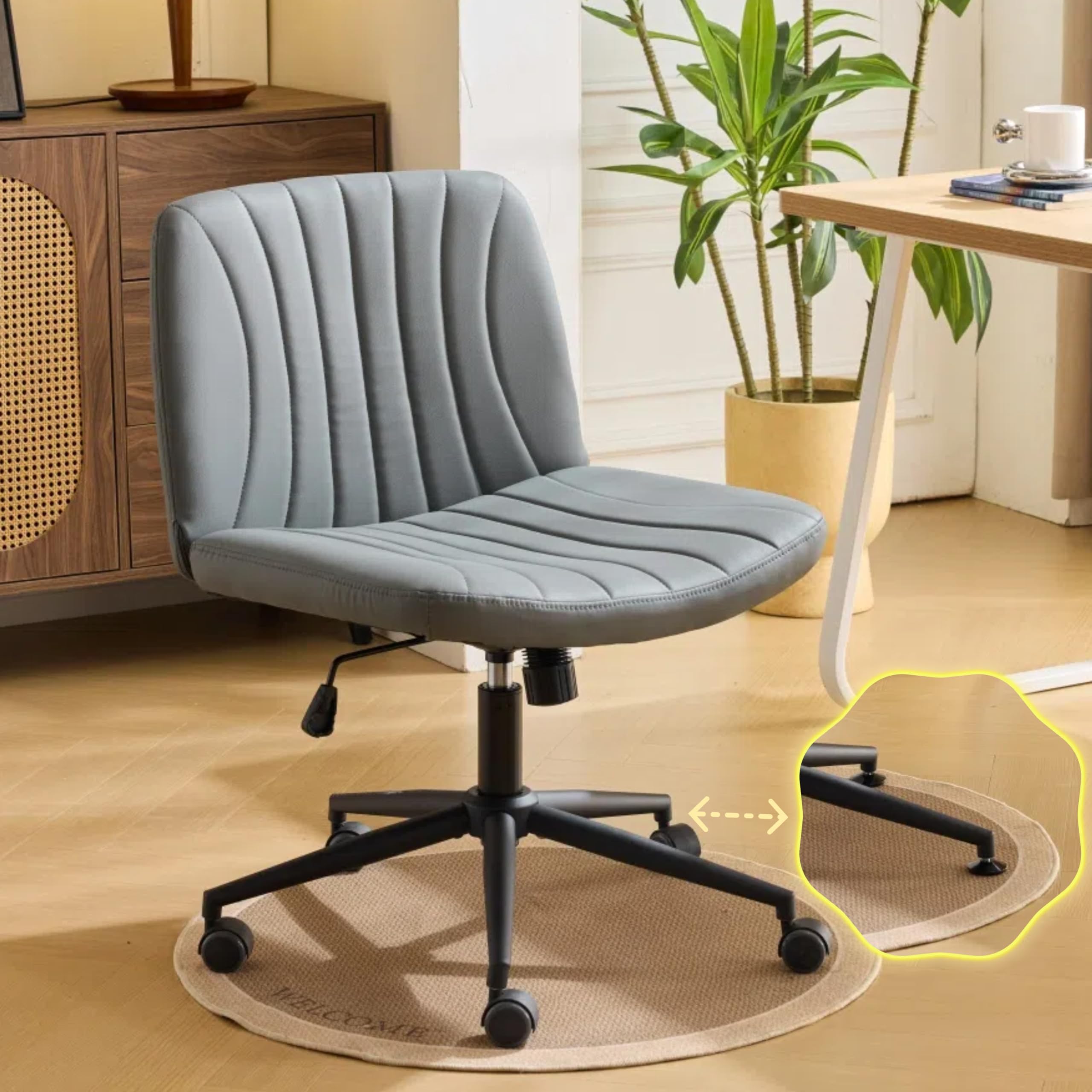 VINGLI Criss Cross Legged Office Chair - Wide Comfortable Computer Desk Chair with/without Wheels - Swivel Armless Rolling Task Chair for Home Office, Study, Makeup - Scratch-Resistant PU Leather in Grey - Perfect for Small Spaces & Cat Owners