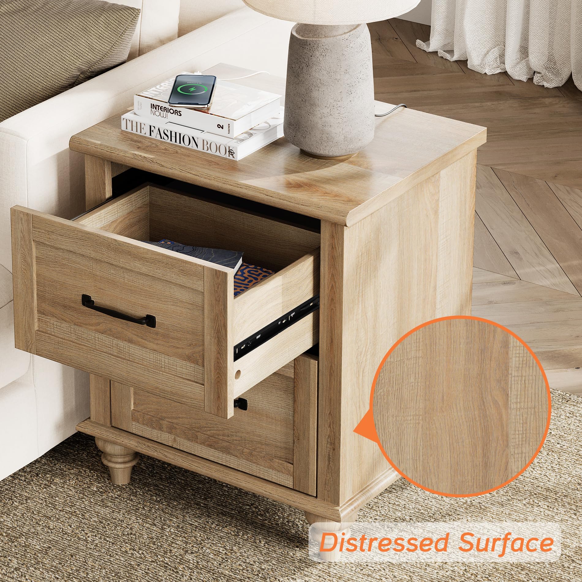 WAMPAT 3-Piece Farmhouse Bedroom Set - Oak Dresser with 5 Drawers & 2 Nightstands with Charging Stations - Rustic Wooden Chest of Drawers & End Tables for Master Bedroom Decor