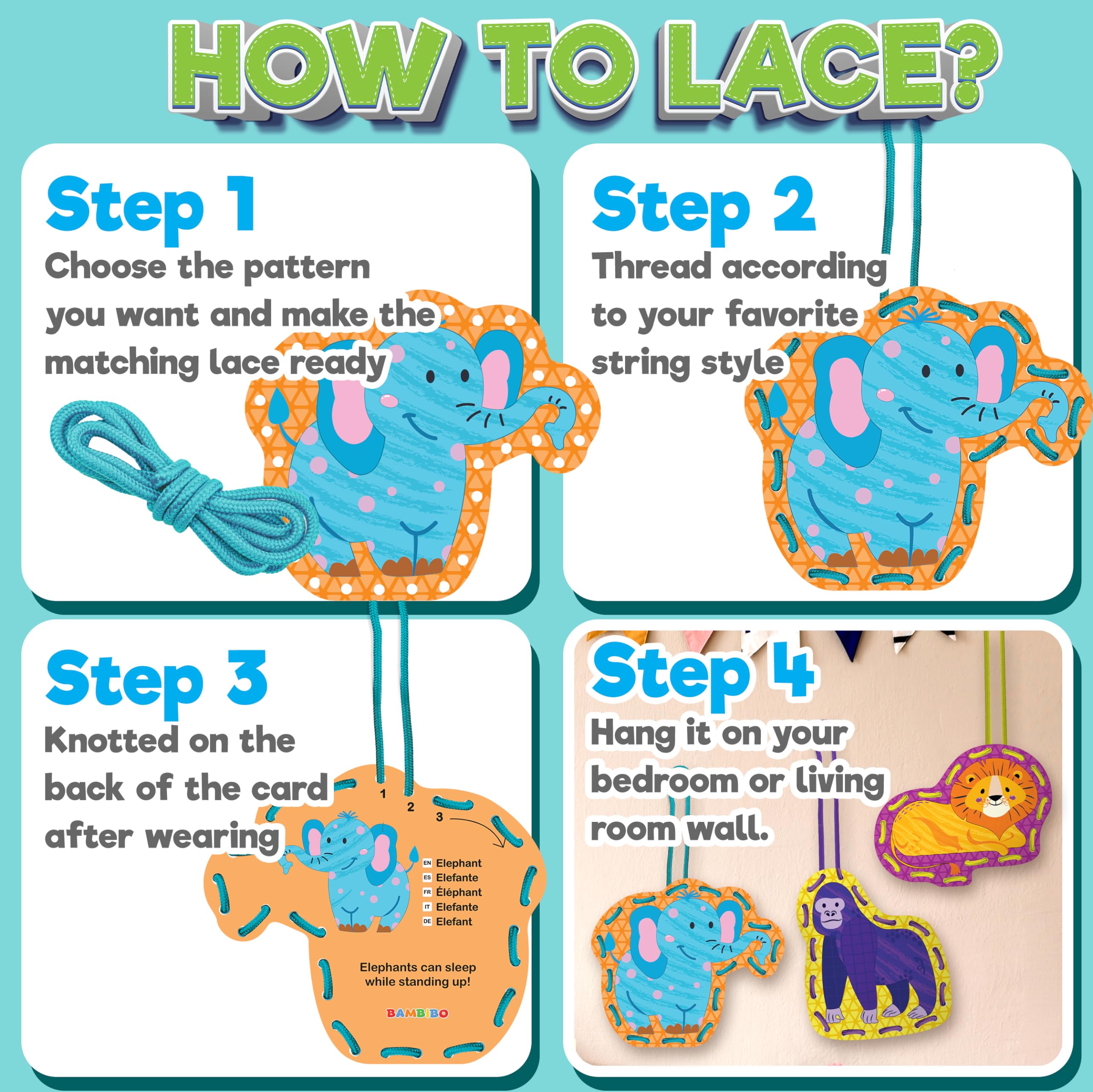 Bambibo Lacing Cards for Toddlers - 12 Double Sided Animal Sewing Cards with Names & Features | DIY Threading Activity for Kids Ages 3-8 | Fine Motor Skills Toys for Preschool Learning & Travel Entertainment