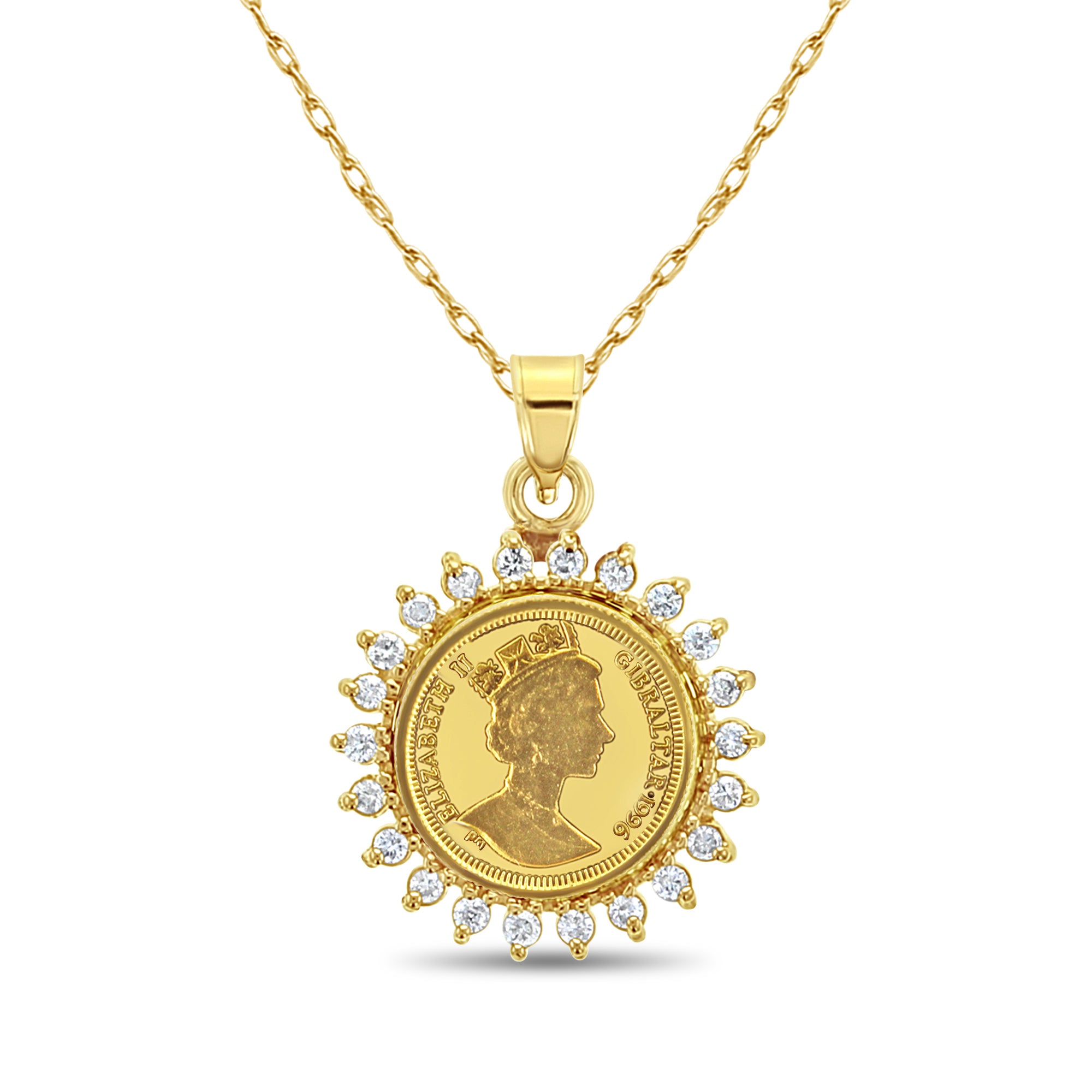 Queen Elizabeth Gibraltar Gold Coin Necklace with Diamond Halo - Vintage British Royal Jewelry for Women, Perfect Gift for Collectors & Royal Enthusiasts - Ideal for Special Occasions, Anniversaries & Formal Events