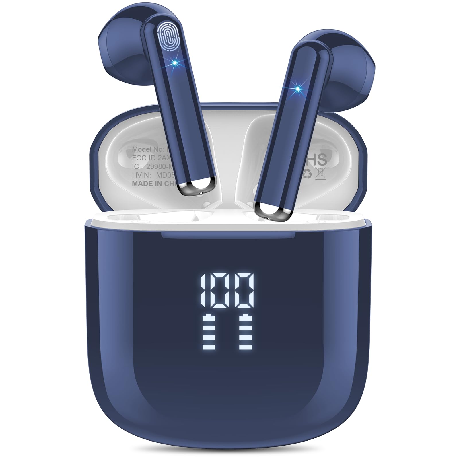 OYIB Wireless Earbuds Bluetooth 5.3 with 4-Mic ENC Noise Cancellation, Touch Control 25H Playtime LED Display, IPX7 Waterproof Sports Earphones for Running Gym Workout - Deep Blue | Perfect for Commuting, Workouts & Travel