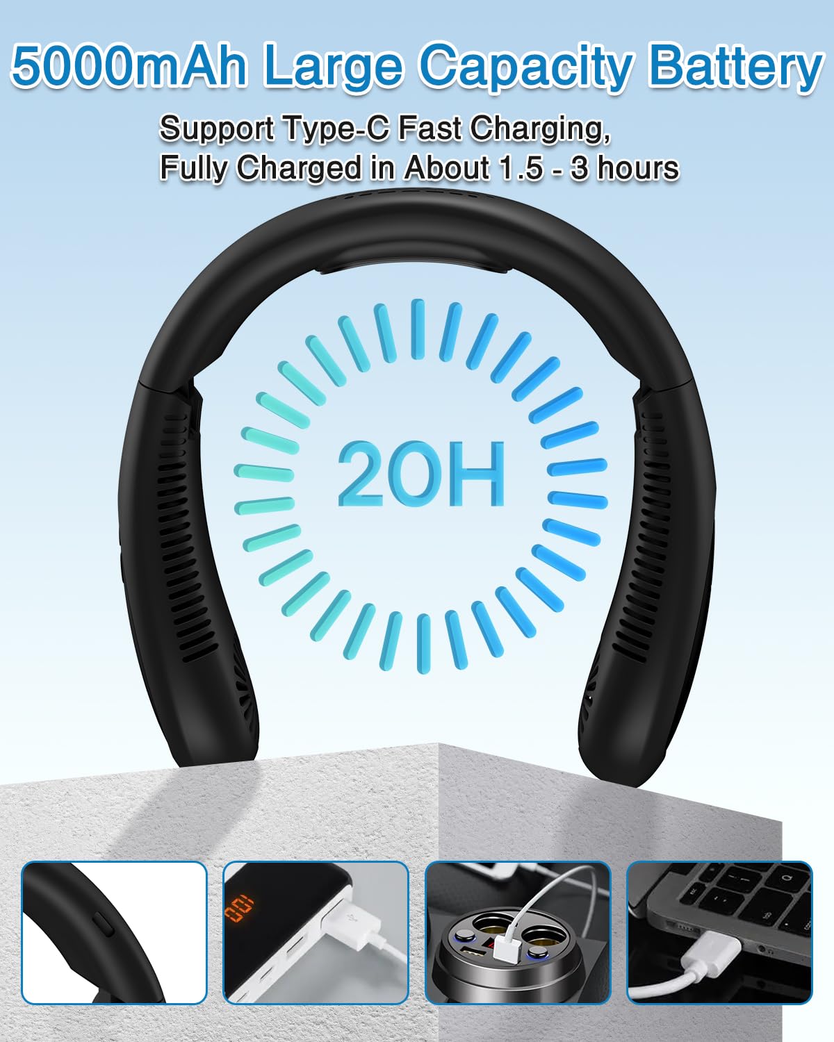Portable Neck Air Conditioner Fan - 360° Cooling Airflow with Rechargeable 5000mAh Battery, Hands-Free Bladeless Wearable Mini Fan for Men, Women & Kids - Perfect for Home, Office, Outdoor Sports & Travel
