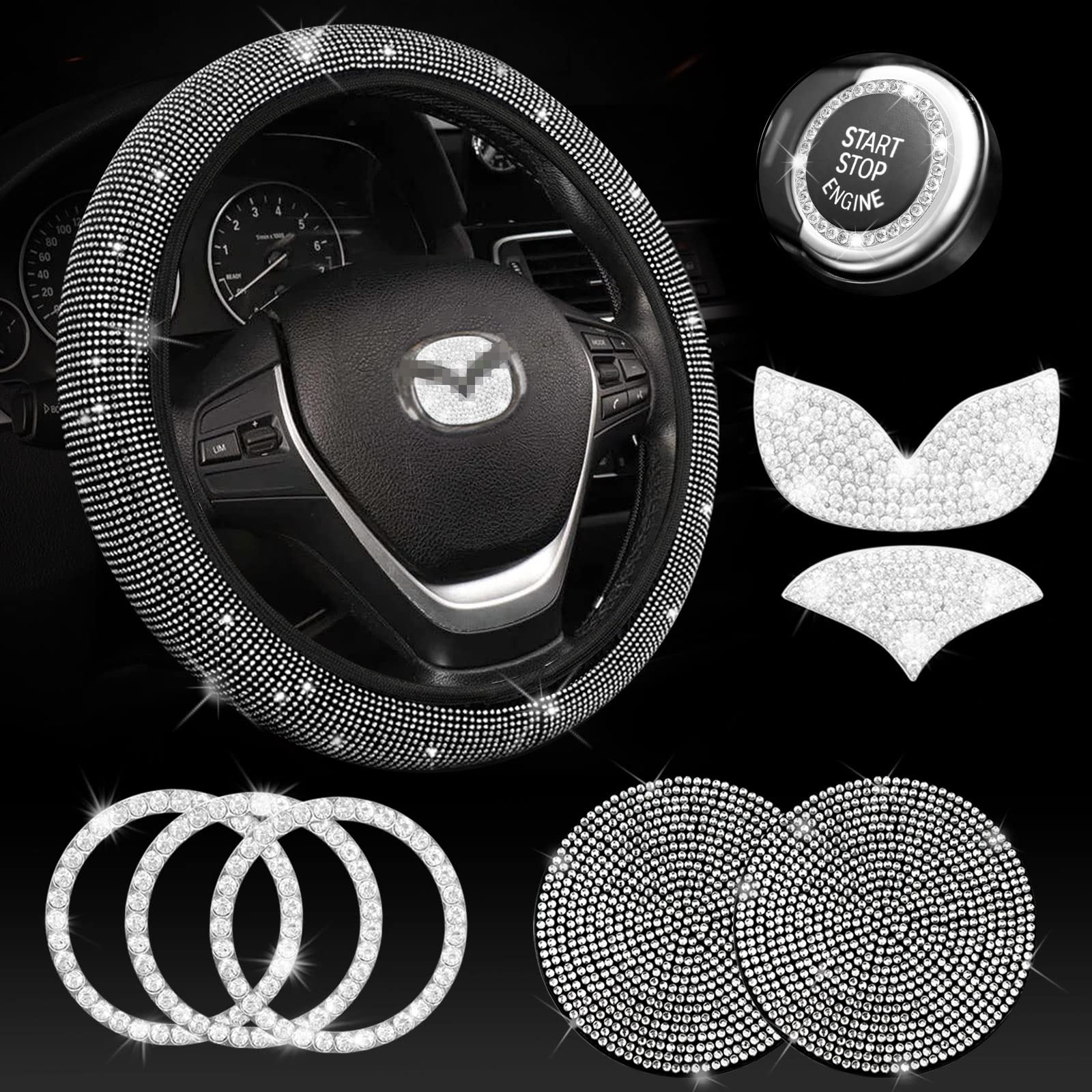 Sparkling Crystal Diamond Steering Wheel Cover for Women - Universal 15 Inch Fit for Mazda 3/6/CX-3/CX-4/CX-5/CX-9 - Bling Rhinestone Car Accessories for Luxury Driving & Gift Giving