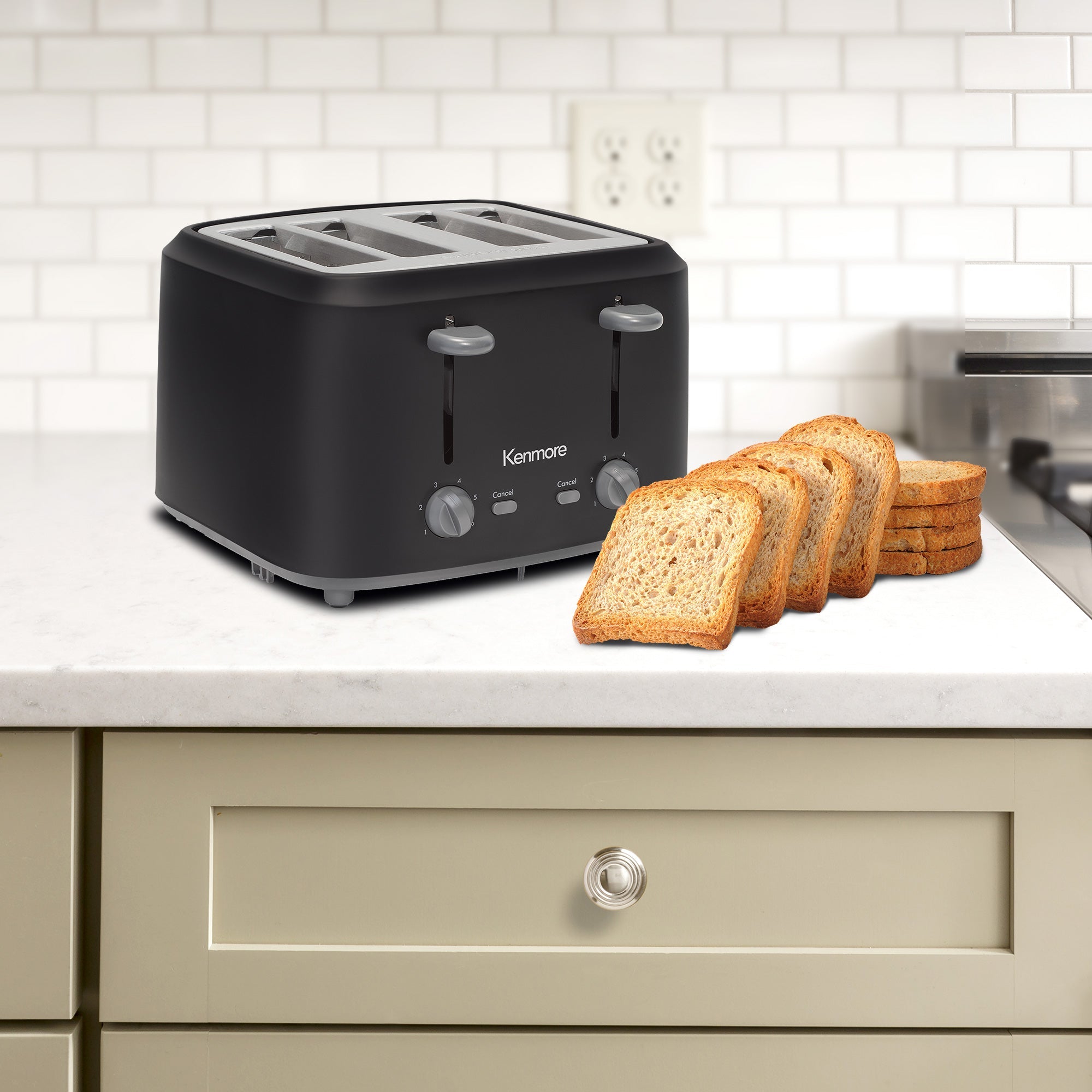 Kenmore 4 Slice Toaster with Dual Controls - Matte Black & Gray Wide Slot Toaster with Adjustable Browning (6 Shade Settings) for Toast, Bagels, Waffles & English Muffins - Perfect for Breakfast, Brunch & Family Dining