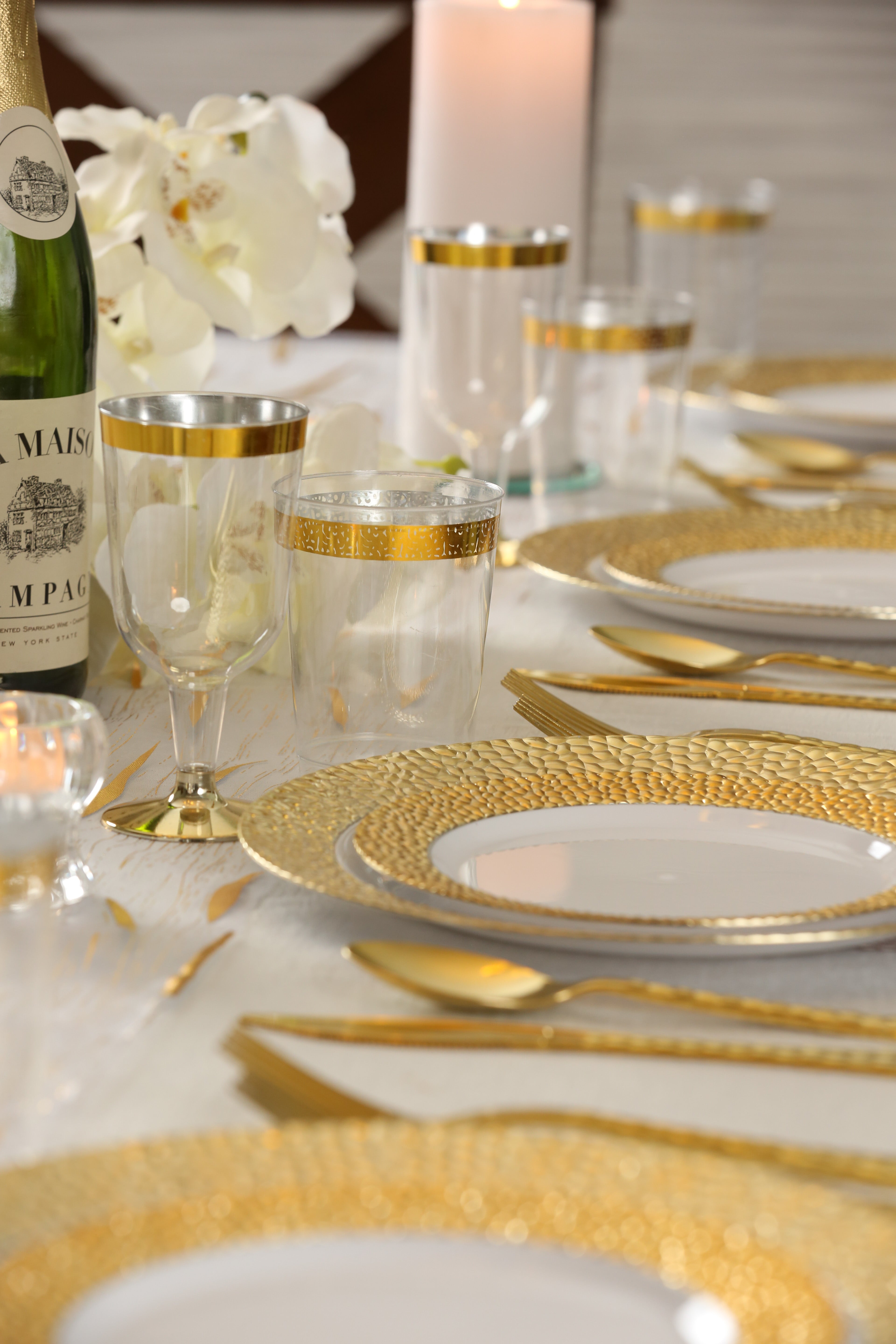 White and Gold Plastic Party Bundle - 50-Piece Disposable Tableware Set for Birthday, Wedding, Baby Shower & Holiday Celebrations - Plates, Cups, Forks, Spoons & Knives Included