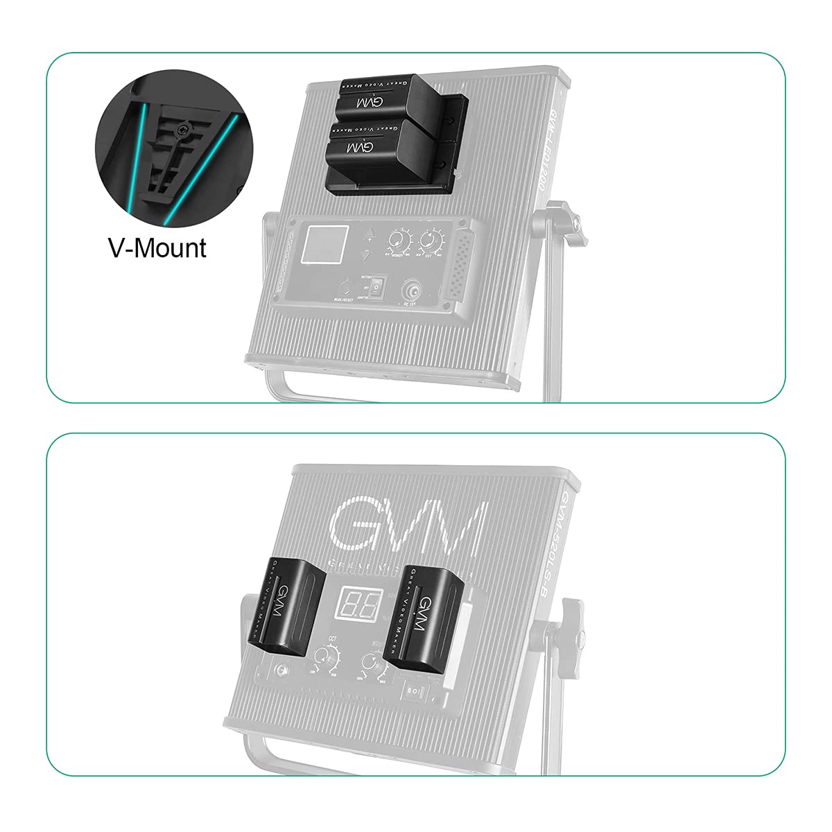 GVM NP-F970 6600mAh Rechargeable Batteries with Dual USB Charger & V-Mount Adapter - LCD Screen Shows Charge Status - 2 Pack Portable Power for DSLR Cameras, Camcorders, Video Lights - Perfect for Photography, Filmmaking, and Live Broadcasting