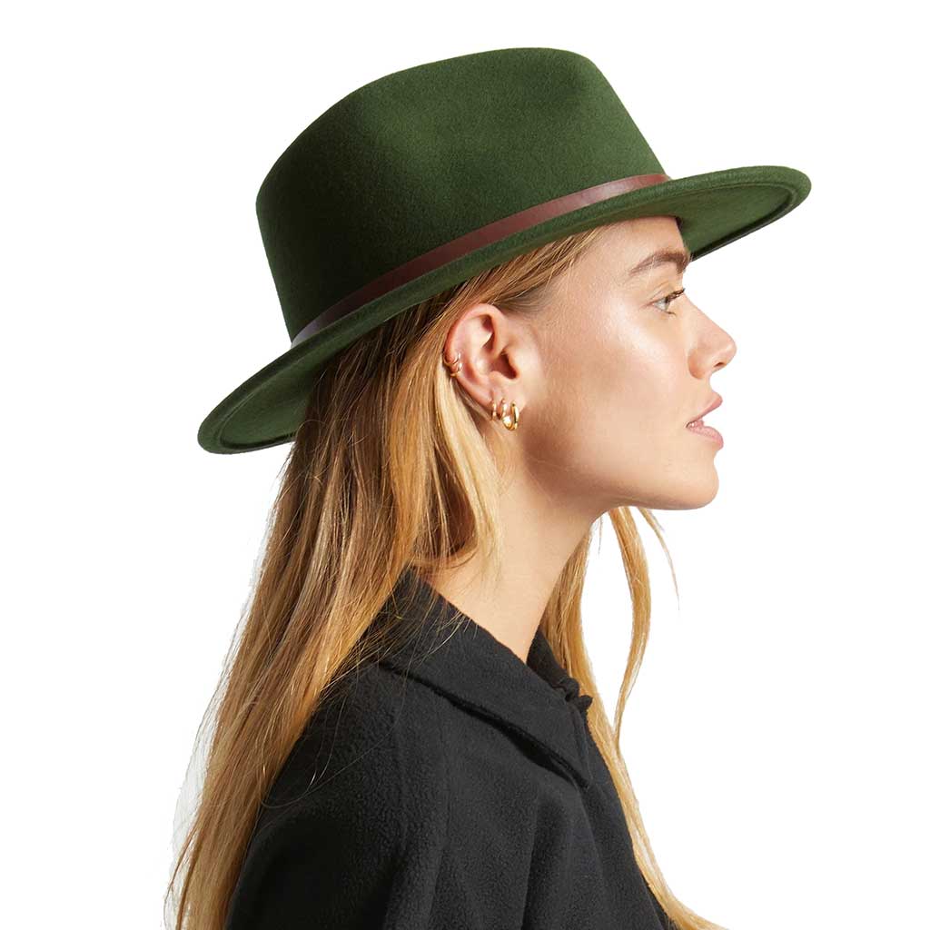 Brixton Messer Fedora Hat for Men - Classic Moss Green Wool Felt Fedora - Perfect for Outdoor Adventures, Casual Wear & Special Occasions
