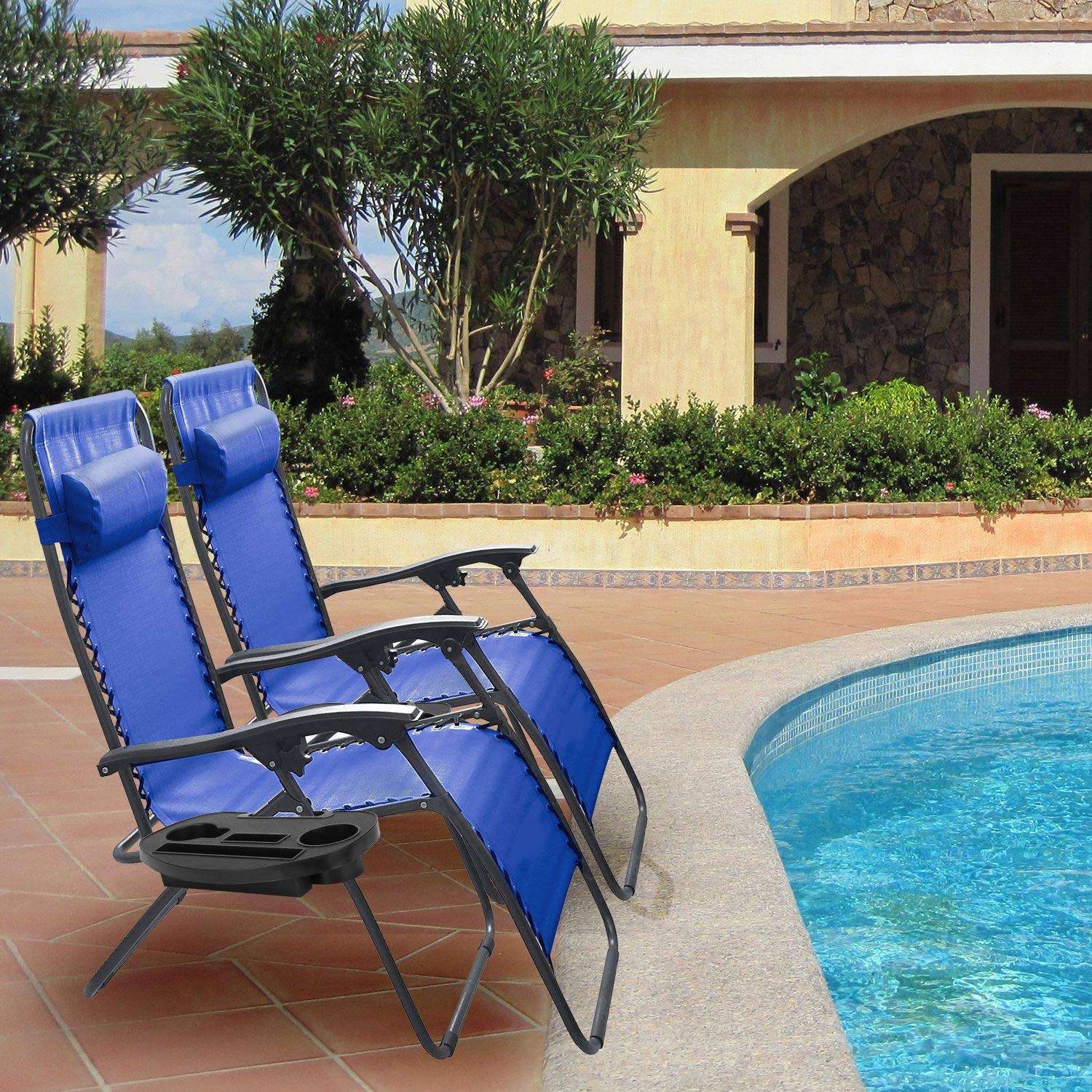 iMounTEK Set of 2 Adjustable Zero-Gravity Reclining Outdoor Lounge Chairs with Pillows & Cup Holder Side Tray - Supports 330lbs - Patio, Porch, Deck, Poolside, Beach, Lawn, Yard Furniture - Black/Blue/Brown/Tan - Perfect for Relaxing, Sunbathing & Outdoor Lounging