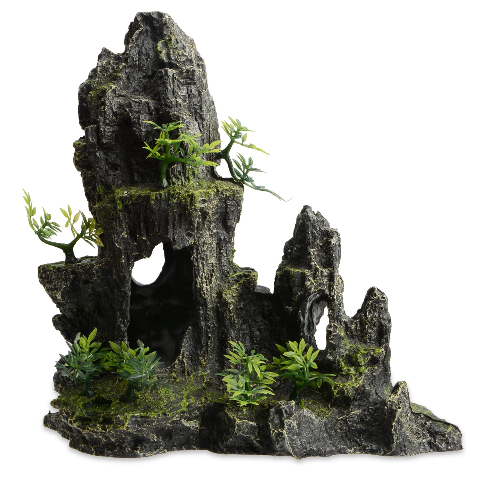 Large & Tall Aquarium Mountain View Stone Decor - 11 Inch Resin Rock Cave Ornament with Plants for Fish Tank Aquascaping | Perfect for Betta Fish, Goldfish & Tropical Aquariums