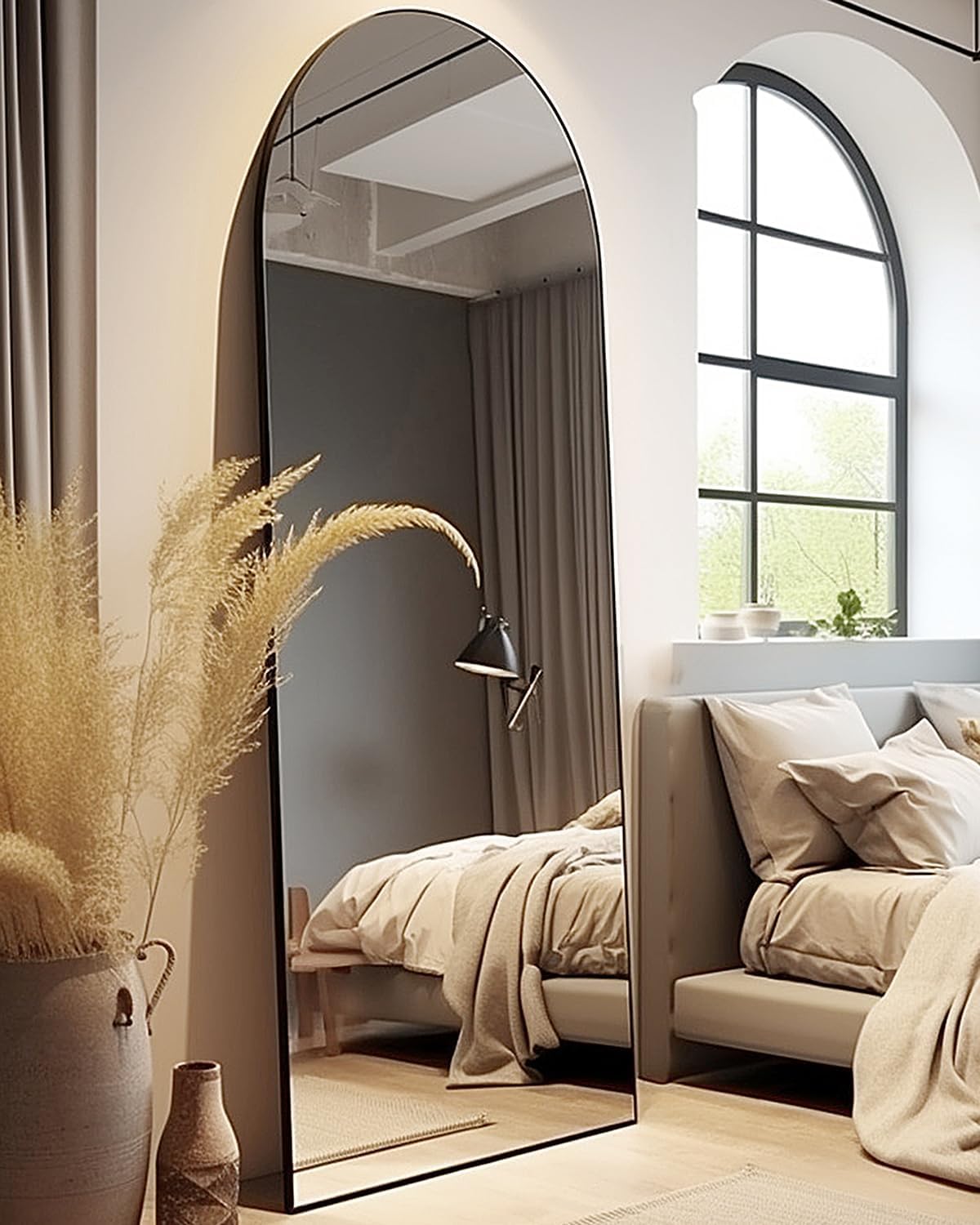 58x18 Inch Full Length Floor Mirror with Aluminum Frame - Black | Arched Standing Mirror for Bedroom, Living Room & Dressing Area | Free-Standing or Wall Mounted Tall Mirror
