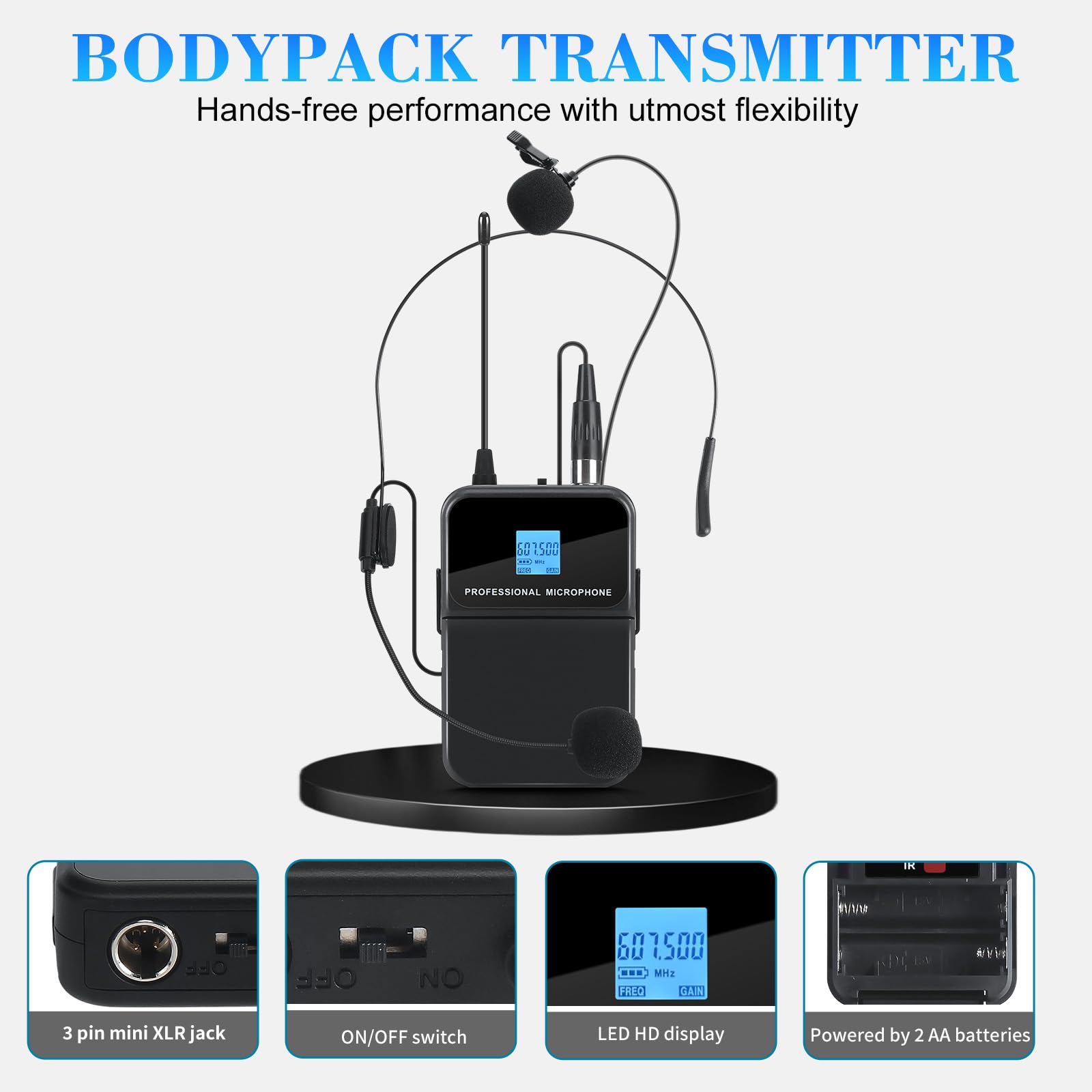 4 Channel UHF Wireless Lavalier Microphone System with Metal Receiver & 4 Adjustable Frequency Headset Mics (300ft Range) - Ideal for Church Services, Karaoke, Meetings, Preaching, and Public Speaking (4 Bodypack, UG-240)