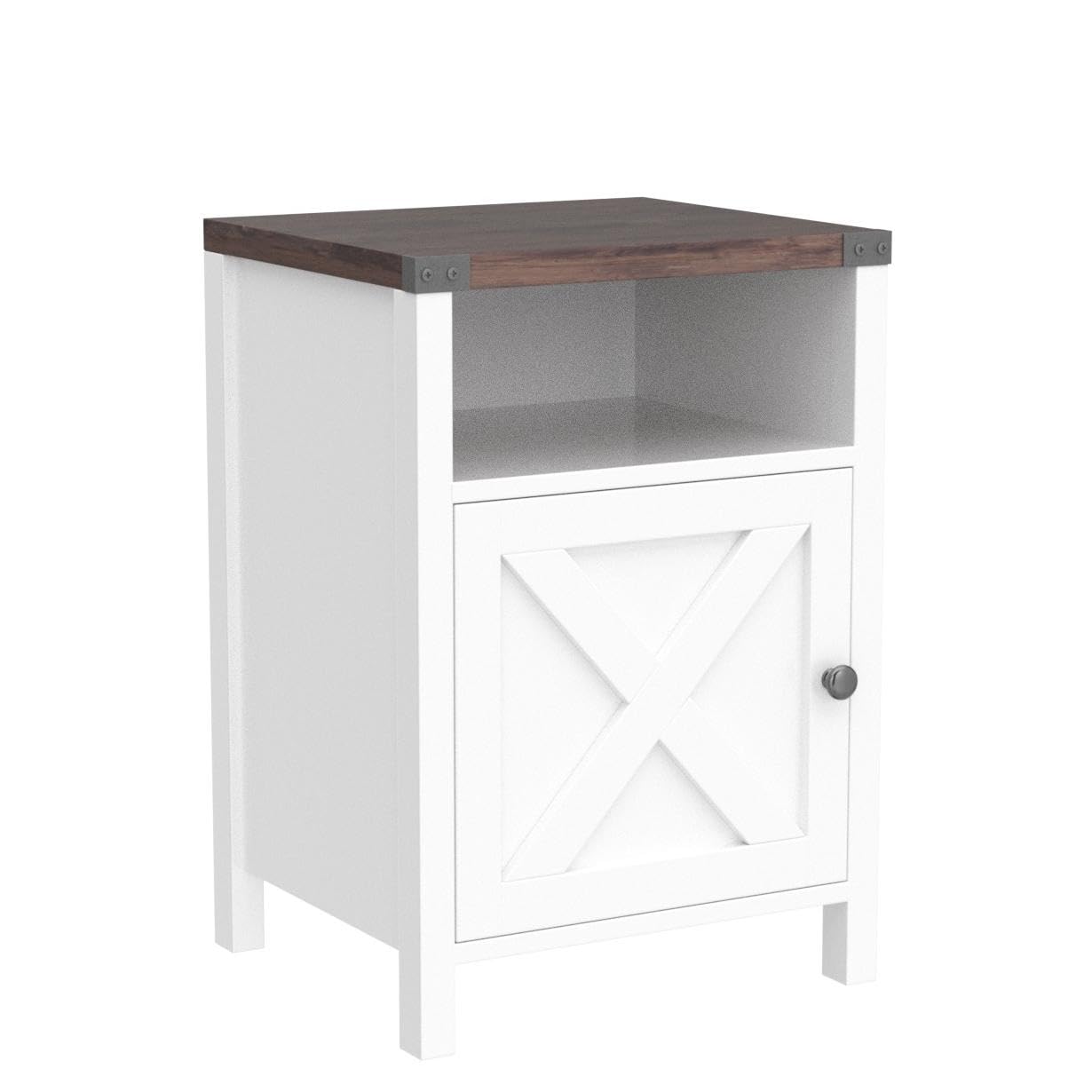 Farmhouse End Table Set of 2 - Rustic Night Stand with Barn Door & Storage Shelf - White Side Table for Bedroom, Living Room - Perfect for Farmhouse Decor & Small Space Storage